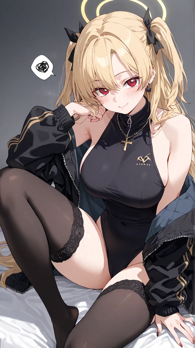 1 woman, (Masterpiece:1.0), (8k background screen) : 1.0), (beautiful detailed face: 1.0), blonde hair, hair tied in a side ponytail, sensual cleavage, ((T-shirt:1.5)), beautiful breasts, pronounced nipples in clothes, sexy pose, elegant makeup, female focus, character close to the camera, V-shaped panties, violet panties, lace underwear, standing, in an office, black stockings,