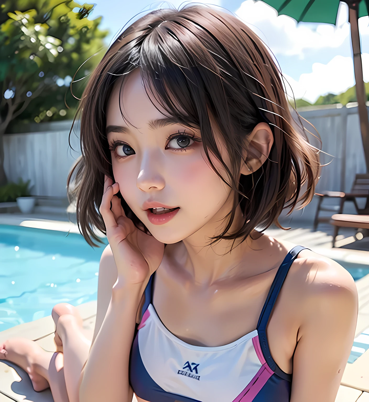 1girl, solo, looking at viewer, short hair, brown hair, brown eyes, swimsuit, cowboy shot, armpits, arms up, lips, one-piece swimsuit, white one-piece swimsuit, pool, photo background
