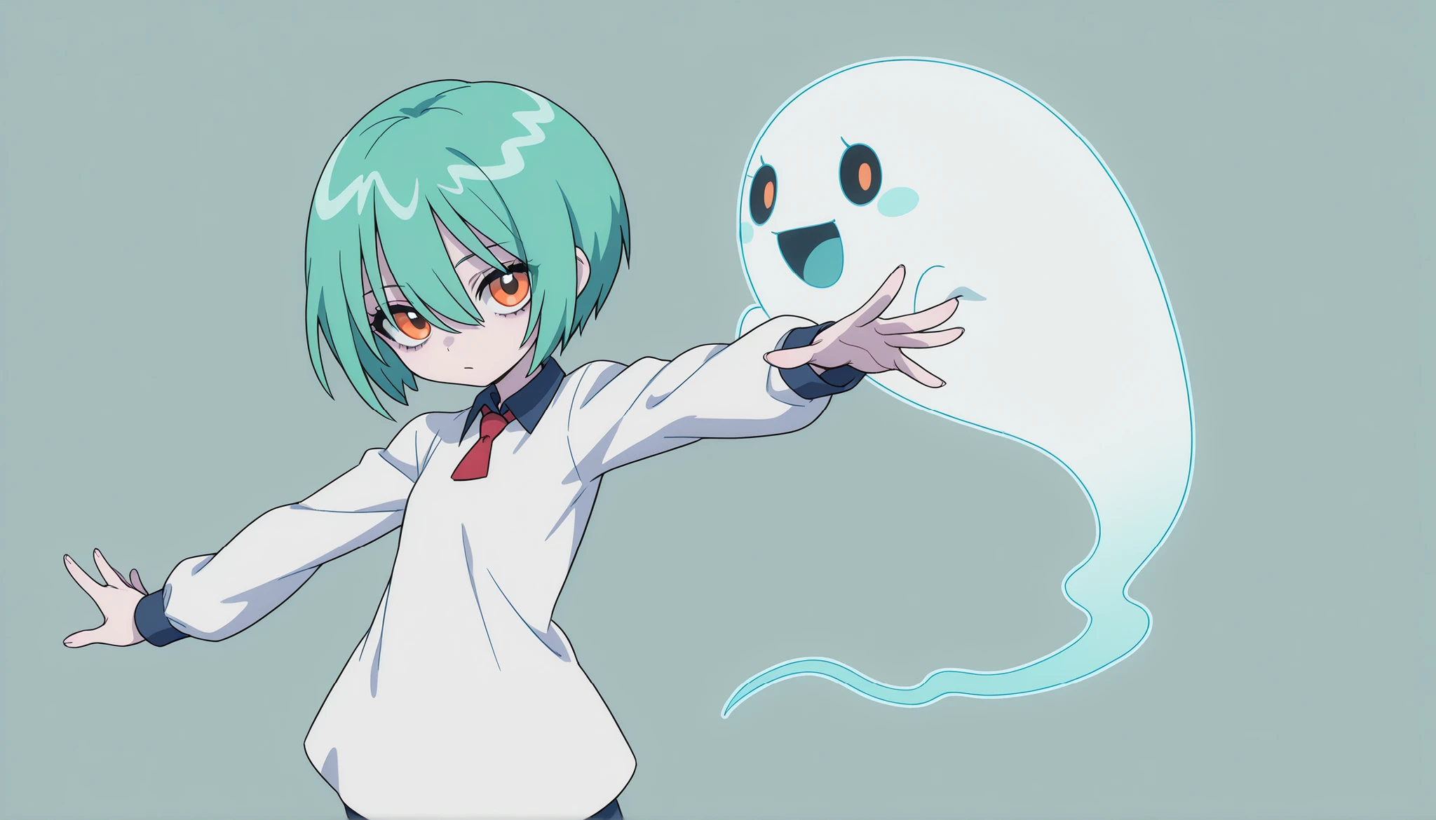 Anime Masterpiece、Highest Quality、super high resolution、clean line、Cell painting ＋soft gradation、Neon Tone。 One cute ghost girl in a white uniform is floating。multiple small glitch rectangles along the outline of the body。orange eyes、Bad look with dark eyes。 Light blue short hair like blueberries。Her lower body is stretched out with a spirit。2 pale lavender whispers drift。 The slight background is uniform green、looking at viewer。dynamic composition。