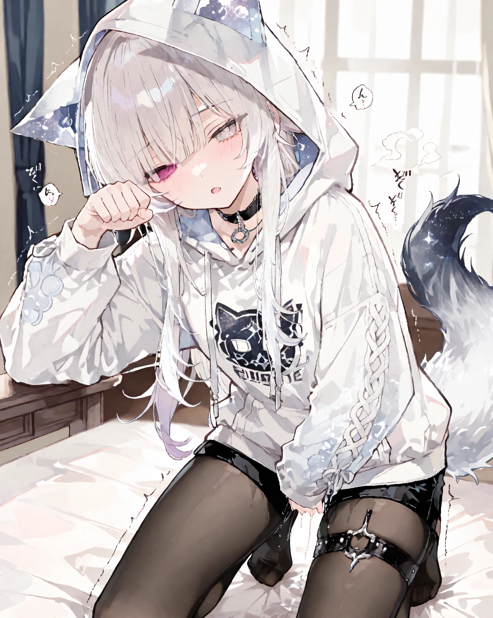 a cute adult male with wolf ears, white hair, has a wolf tail, wearing a loose cropped oversized black hoodie, wearing a pair of denim short shorts and fishnet stockings, thick thighs, wide hips, relaxing on mound of fluffy animal plushies, short, very slim, showing slender tummy, stretching out, heart on hoodie, squishy thighs, has glowing blue eyes