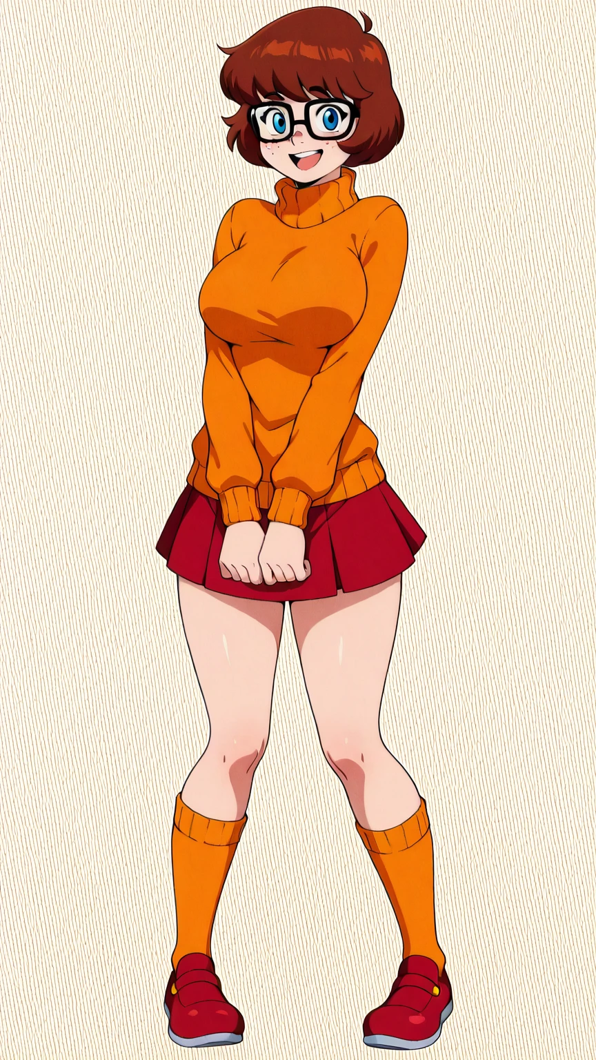 score_9, score_8_up, score_7_up, source_anime BREAK 1girl, VelmaXL, 1girl, solo, short hair, brown hair, shirt, glasses, socks, sweater, knee highs, turtleneck, freckles, orange shirt, orange sweater, full view, brown eyes, large breasts, huge breasts, skirt down at ankles, white panties, looking down