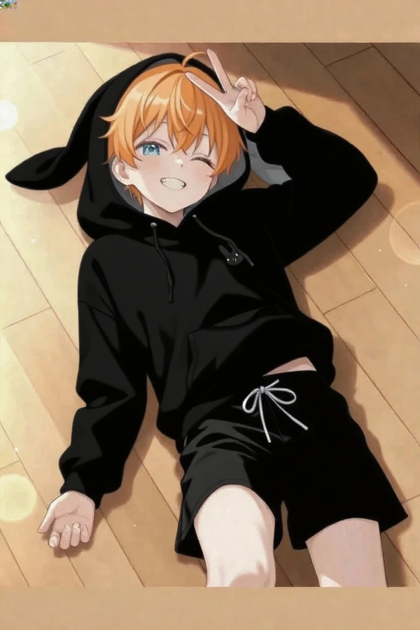 Solo, kemono, femboy, orange and white hair, yellow eyes, wear black hoodie, wear black boxer, wear black and white stockings, blushes look at camera, smile open mouth, sitting on sofa in house,white wall behind, modern house background, night time
