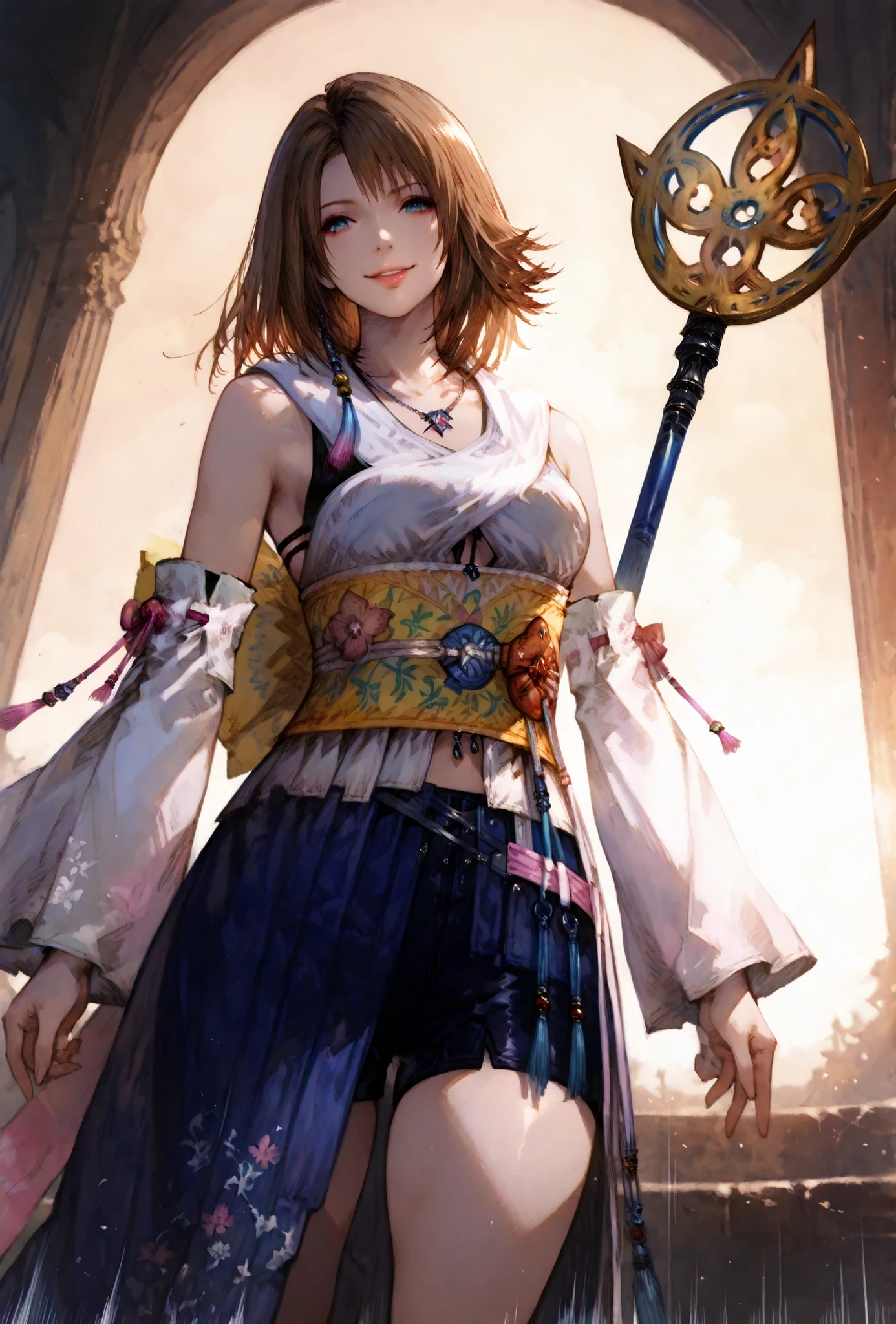 (score_9,score_8_up,score_7_up),Yuna (FFX), ((WOMAN,YUNA , FINAL FANTASY X, YUNA full clothers, WITH A MAGICAL YUNA STAFF ,), ,,extremely detailed,dynamic lighting,best quality,,,best quality,high quality,, , dynamic angle, , thick thighs, motion lines,, , solo, perfect eyes,,DETAIL,MASTERPIECE,,Expressiveh, ultra detailed,,,,very detailed,extremely detailed,dynamic lighting,best quality,(score_9,score_8_up,score_7_up), YUNA, FINAL FANTASY X, BLUE eyes, BROWN MEDIUM HAIR SPIKY hair, , BODY TYPE SLIM,,extremely detailed,dynamic lighting,best quality,pale skin,evil smile,, sleeve,