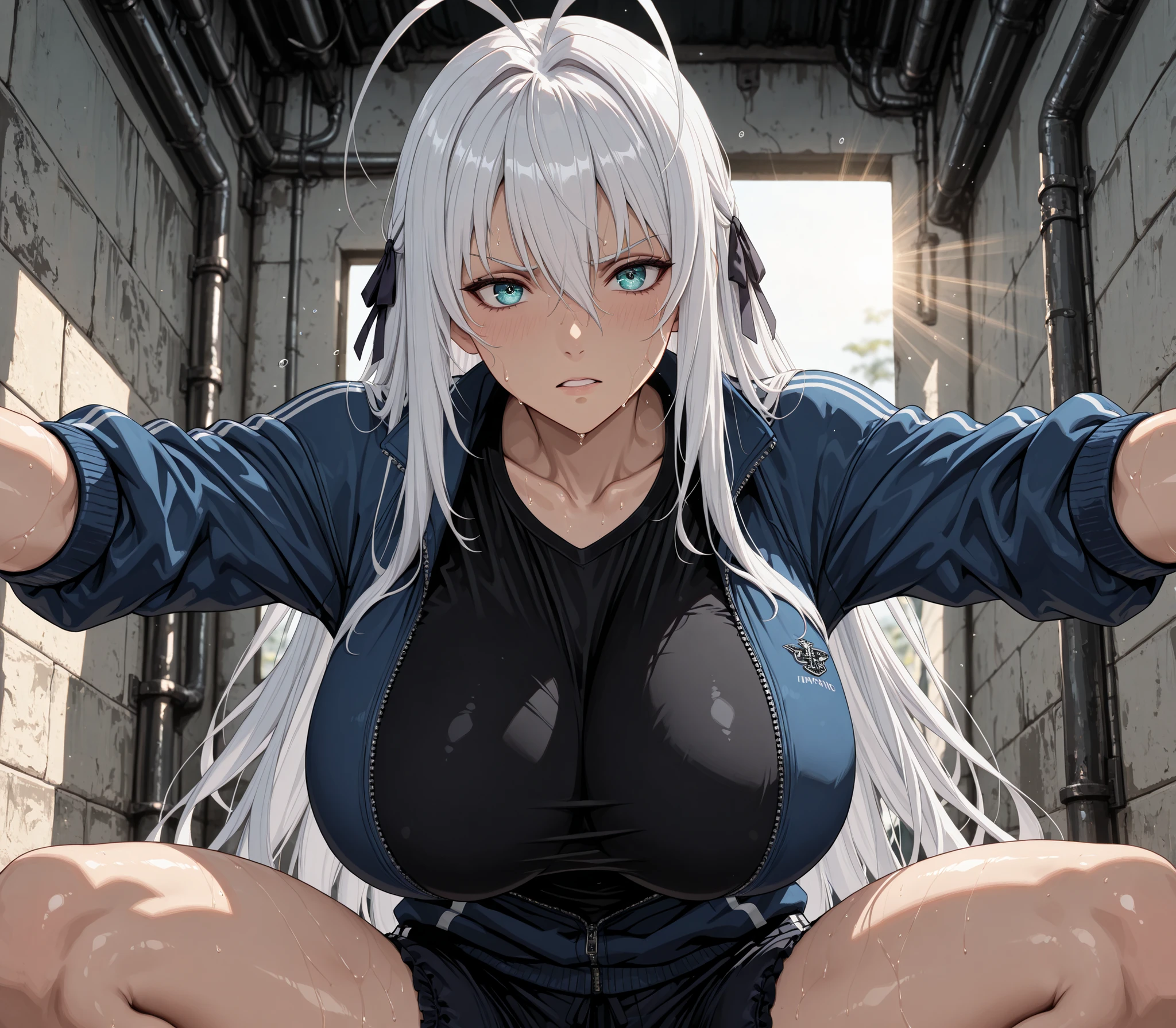 masterpiece, best quality ,
solo, dxdRos, white hair, antenna hair, very long hair, cyan eyes, hair ribbon, (Huge breasts,long breasts),
(masterpiece, best quality, ultra-detailed, anime illustration),
athletic anime girl, crouching and peeking from behind a wall (front view),
cautious and tense expression, wide focused eyes, slightly parted lips, sweat drops on face,
blue sports jacket unzipped revealing black athletic t-shirt, navy sports bloomers,
one hand gripping the wall edge,
narrow alley background, cinematic lighting with shadows, warm sunlight partially hitting her face,
perfect skin texture, depth of field, 8k