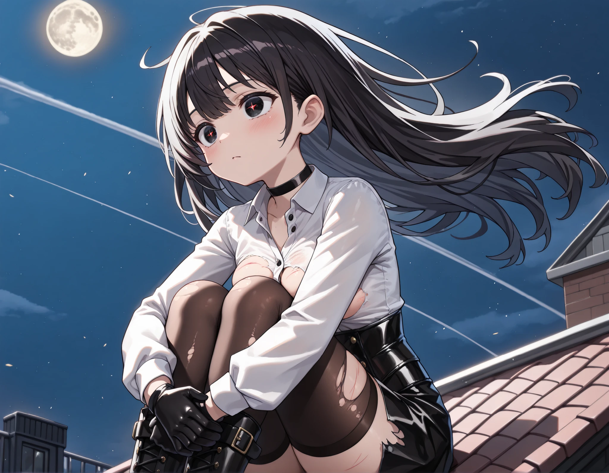 masterpiece、top-quality、light Particle, ultra-detailliert, in 8K,(Bright colors:1.2), (1人の女性),manhattan-cafe(Umamusume)、(horse ear、Horse tail、Horse Girl)、((White ahoge))、((Long Black Hair)),long black bangs passing between the eyes,,Shiny hair, Shiny skin, beautiful golden eyes, slanted eye, Lustrous eyes、small tits、White jacket、a navel、a miniskirt、long boots、(((cowboy shot)))、((knees up))、((((sitting cross-legs))))、s ass、Rat trail section、((Meadow at night))、Moonlight、fullmoon,starrysky
