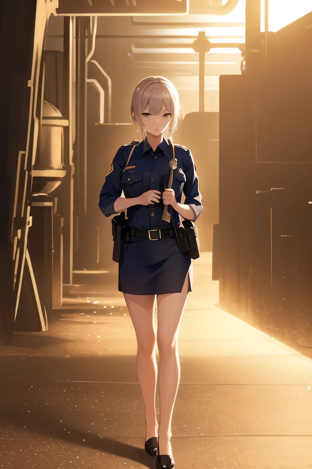 can you draw the facial expression even more delicately，can you draw a police officer in alert mode exploring the vicinity of a blast furnace at night，アメリカ合衆国の警官の衣装を着た   maleを描いていただけますか、navy blue uniform，and my hair stands on end,ruthless gaze ，32-year-old cop,周囲を観察する警戒態勢の表情の   maleを描いてください,use cinematic lighting and ray tracing  ，オールバックでand my hair stands on end黒い髪,   male,  male,,use cinematic lighting and ray tracing ,standing full body,please draw a more delicate expression,can you draw a police officer exploring a factory at night in alert mode，Please draw a more delicate expression，can you accurately draw details of a person's hands and feet {X} The face is a top priority，reality，