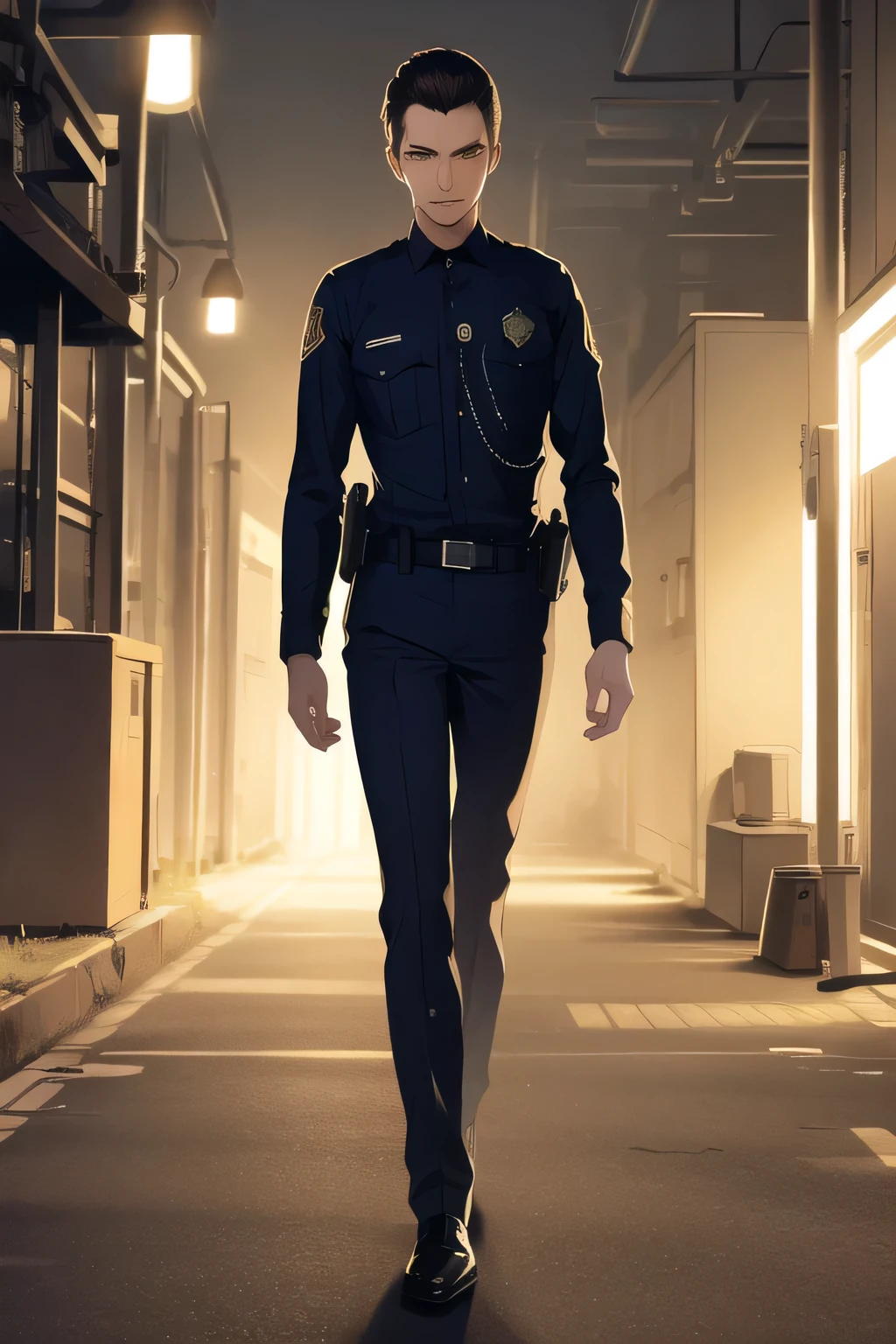 can you draw a police officer with an observant eye like a cat with a ruthless expression,can you draw a man in an American police costume、navy blue uniform,32 year old police officer,draw a man with an alert expression observing his surroundings,use cinematic lighting and ray tracing ,with dark hair up,, There is only one man,,,use cinematic lighting and ray tracing ,standing full body,please draw a more delicate eXpression,Can you draw a police officer in alert mode eXploring a factory at night,please draw facial eXpressions even more delicately,can you accurately draw details of human fingers and legs {X} face is a top priority,real face,Can you draw delicate expressions,