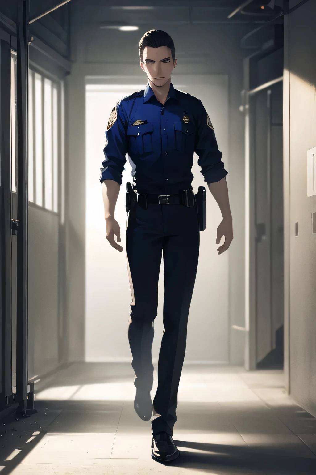 with black hair up,can you draw a police officer with a careful eye like a cat with a ruthless expression，can you draw a man in an American police costume or、navy blue uniform，32-year-old cop,can you draw a man with an alert expression observing his surroundings,use cinematic lighting and ray tracing  ，Can you draw an upper body up，, there's only one man there，,,use cinematic lighting and ray tracing ,standing full body,please draw a more delicate expression,can you draw a police officer in alert mode exploring a factory in alert mode，Please draw a more delicate expression，can you draw details of human fingers and legs accurately {X} The face is a top priority，real face,can you draw delicate expressions,