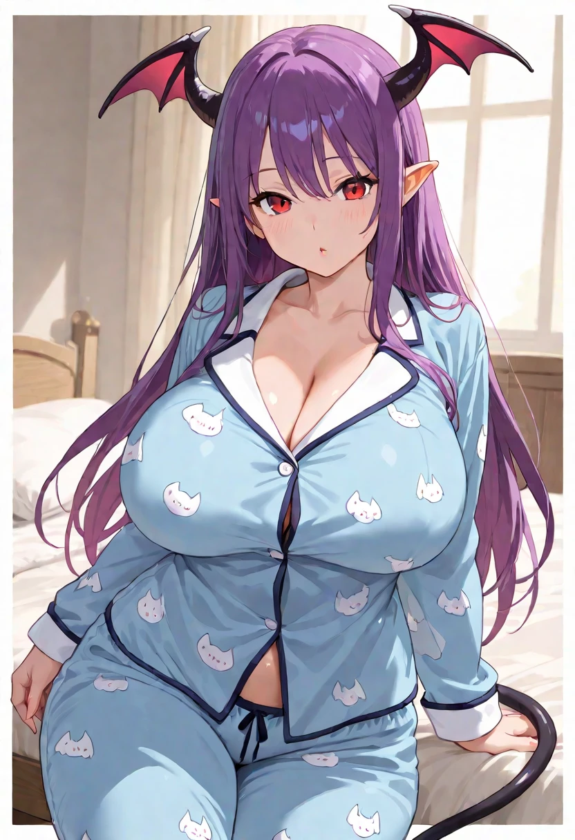 Cute woman, purple hair, (very messy hair:1.2), elf ears, freckles, thick eyebrows, long lashes, short, (huge breasts:1.2), small waist, wide hips, (wearing very large blue and white striped pyjamas:1.2), big pretty eyes, very shocked expression, scared, in male bedroom, sitting on bed, bedhead, (masterpiece, high resolution, ultra realistic, beautiful lighting, 4K, 8k, highly detailed)
