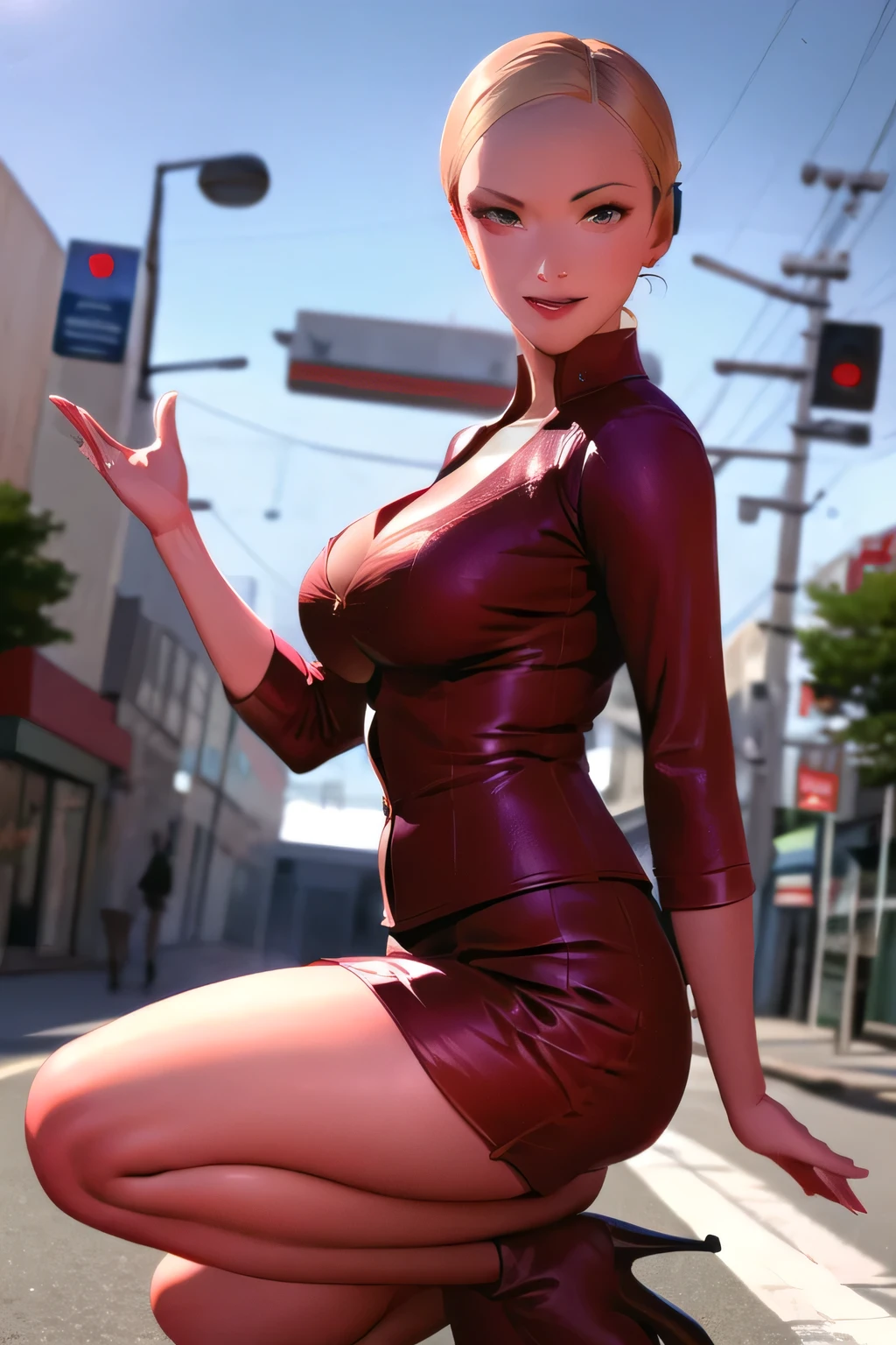 seiransmt, brown hair, dress, jewelry, chinese clothes, lipstick, side slit, high heels, 1girl, solo, facing viewer, looking at viewer, smile.