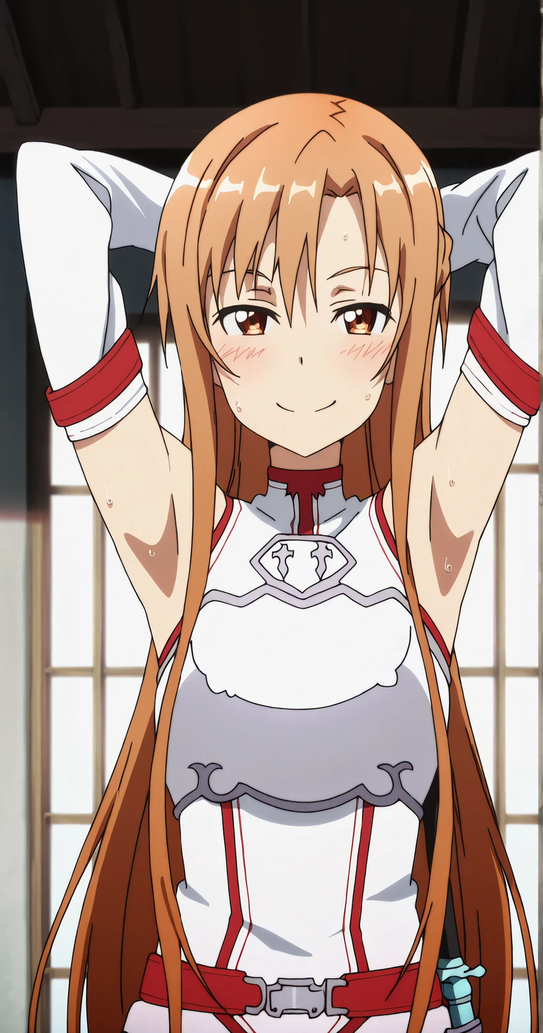 masterpiece, best quality, amazing quality, anime screencap, anime coloring, 1girl, solo, Yuuki Asuna, Yuuki Asuna SAO costume, White Armor, White breastplate, White isolated sleeve, (character), long hair, detached sleeves, bare shoulders, arms up, both raised arms bent behind her head, hand on elbow, armpit, showing armpit, sweaty, head turned to look at viewer, looking at viewer, bright smile, enjoying, beckoning, confident smirk, femdom stare, slight blush, sunny outside background, stuffy, right next to viewer, standing directly in center, perfectly symmetrical, flat lighting, no shadows, direct lighting, smooth armpits