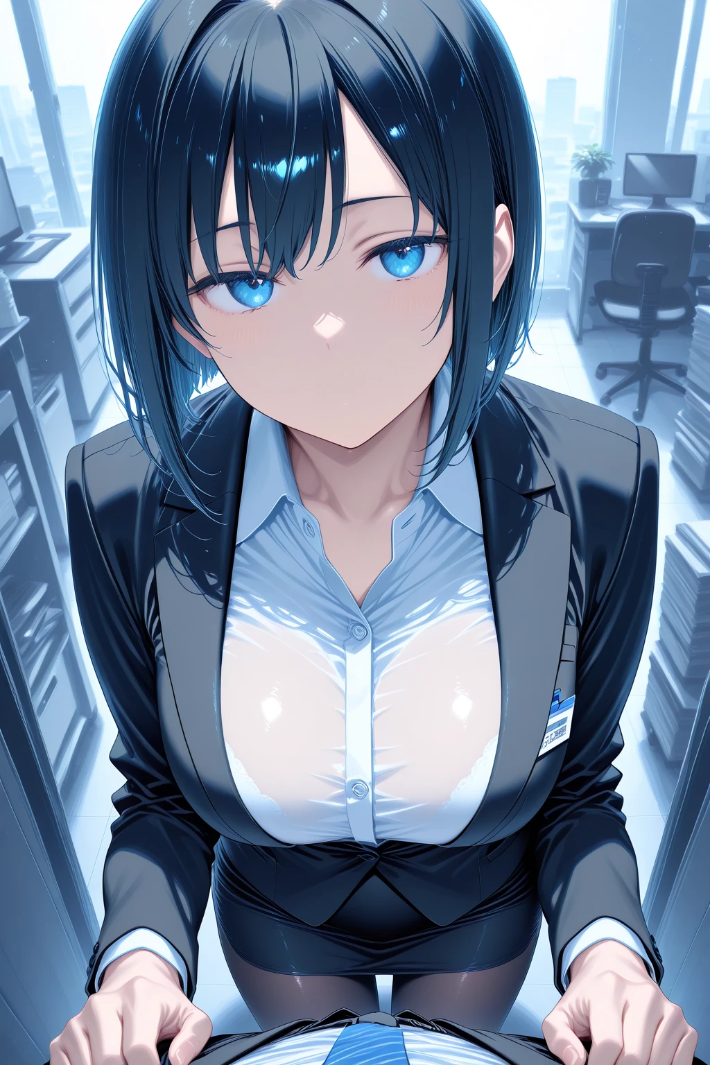 (best quality:1.5, highres, UHD, 4K, detailed lighting, shaders), black hair, bob cut, (hair covering one eye), cool woman, woman, Slender Eyes, sharp eyes, blue eyes, beautiful, indoors background, casual clothes, large breasts, necktie