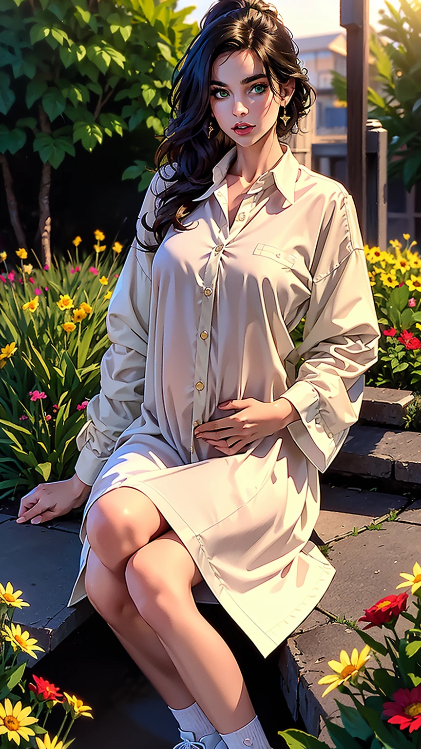 ((masterpiece, best quality, highres, ultra-detailed),(beautiful and aesthetic:1.2), 1woman, adult, perfect body, wavy dark hair, green eyes, high short ponytail, handsome, detailed eyes and face, oversized long shirt, converse sneakers, golden hour, field of flowers, intricate details, pregnancy 