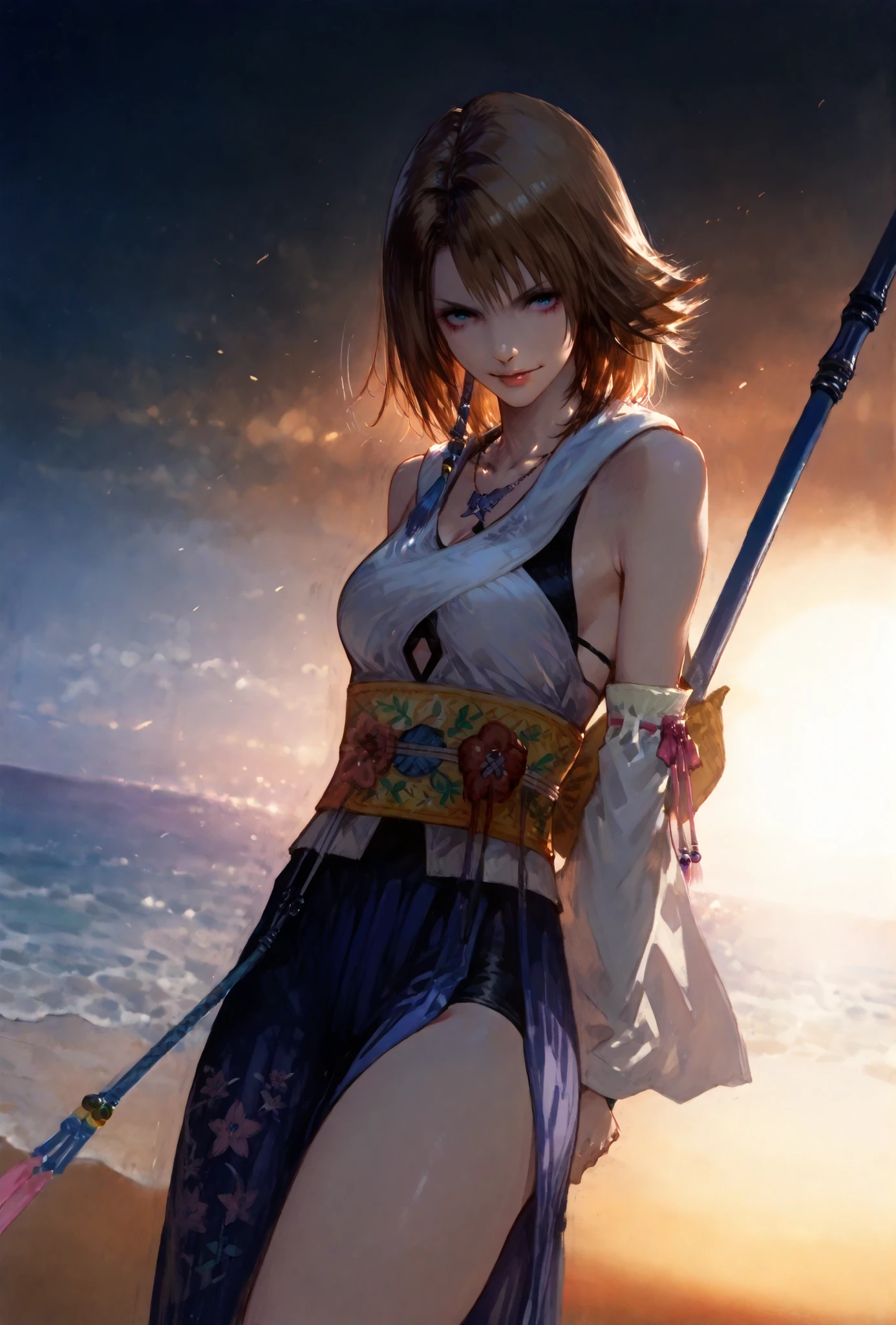 (score_9,score_8_up,score_7_up),Yuna (FFX), ((WOMAN,YUNA , FINAL FANTASY X, YUNA full clothers, WITH A MAGICAL YUNA STAFF ,), ,,extremely detailed,dynamic lighting,best quality,,,best quality,high quality,, , dynamic angle, , thick thighs, motion lines,, , solo, perfect eyes,,DETAIL,MASTERPIECE,,Expressiveh, ultra detailed,,,,very detailed,extremely detailed,dynamic lighting,best quality,(score_9,score_8_up,score_7_up), YUNA, FINAL FANTASY X, BLUE eyes, BROWN MEDIUM HAIR SPIKY hair, , BODY TYPE SLIM,,extremely detailed,dynamic lighting,best quality,pale skin,evil smile,, sleeve,