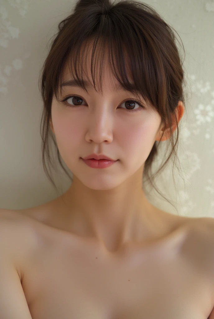 lens: 135mm f1.8,(Highest quality),(Tabletop:1.1), (Beautiful 13 year old Japan girl), (Moist lips), Narrow eyes, double eyelid,Delicate clavicle,Flat Chest,Shortcuts,
(Let me me'Let me'Let's take another look), (close:1.4), shame, A faint smile,
(Spotted sunlight:1.2), Dramatic lighting,
(Completely naked), (Sunburned skin:0.2),Full body photo、Full Body Focus、Showing from the knees up、Lift your arms from your inner thighs