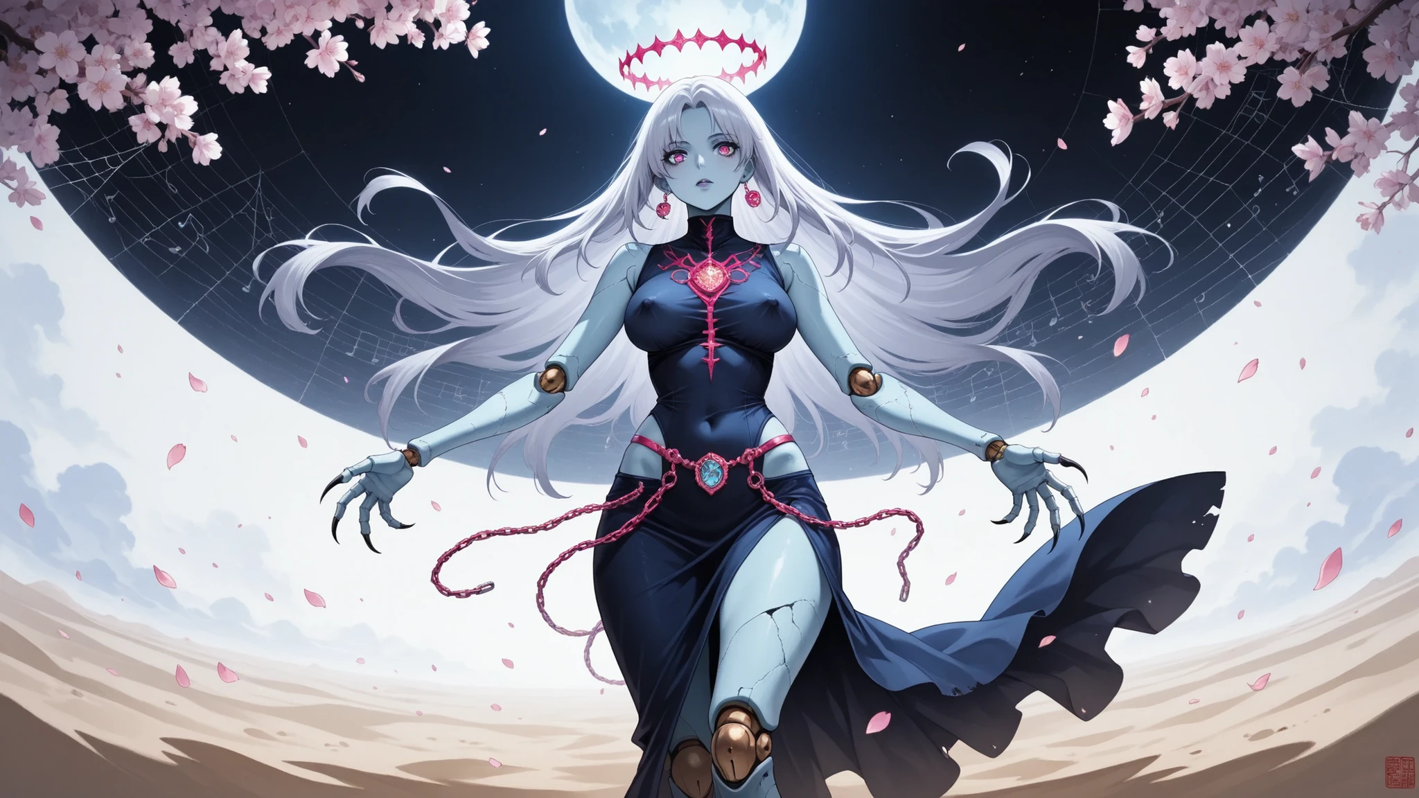 nsfw,nipples visible through clothes,( masterpiece, the best quality:1.2), 1 Girl, alone, JOJO 风格的zombie girl在月下战斗的姿势广角镜头，Waste away to reveal waist and hip curves，Translucent amulet"Royal Order: phantom"Wrapped around jade legs，Mechanical spine reveals purple-red neon，Blue-gray skin cracks ooze cherry blossoms, phosphorescence，Mechanical spine emits purple-red neon，Gold-plated knuckles gently touch the traces of mother-of-pearl luster，Cobalt blue satin belt with broken chains and scattered musical notes，Sharp claws wrapped around indigo arcs and falling petals，Silk wrinkled outline，Moon white background with ink mist，celluloid thick black outline enhances  and waist curves using brush techniques，Vermilion rust, sand mist at joints，Titanium alloy armor, cold moon halo，Phoenix eyes have the texture of broken glass，Floating seal body"Yansha"Fluorescent Rune, Traditional Chinese ink painting style illustration, zombie girl