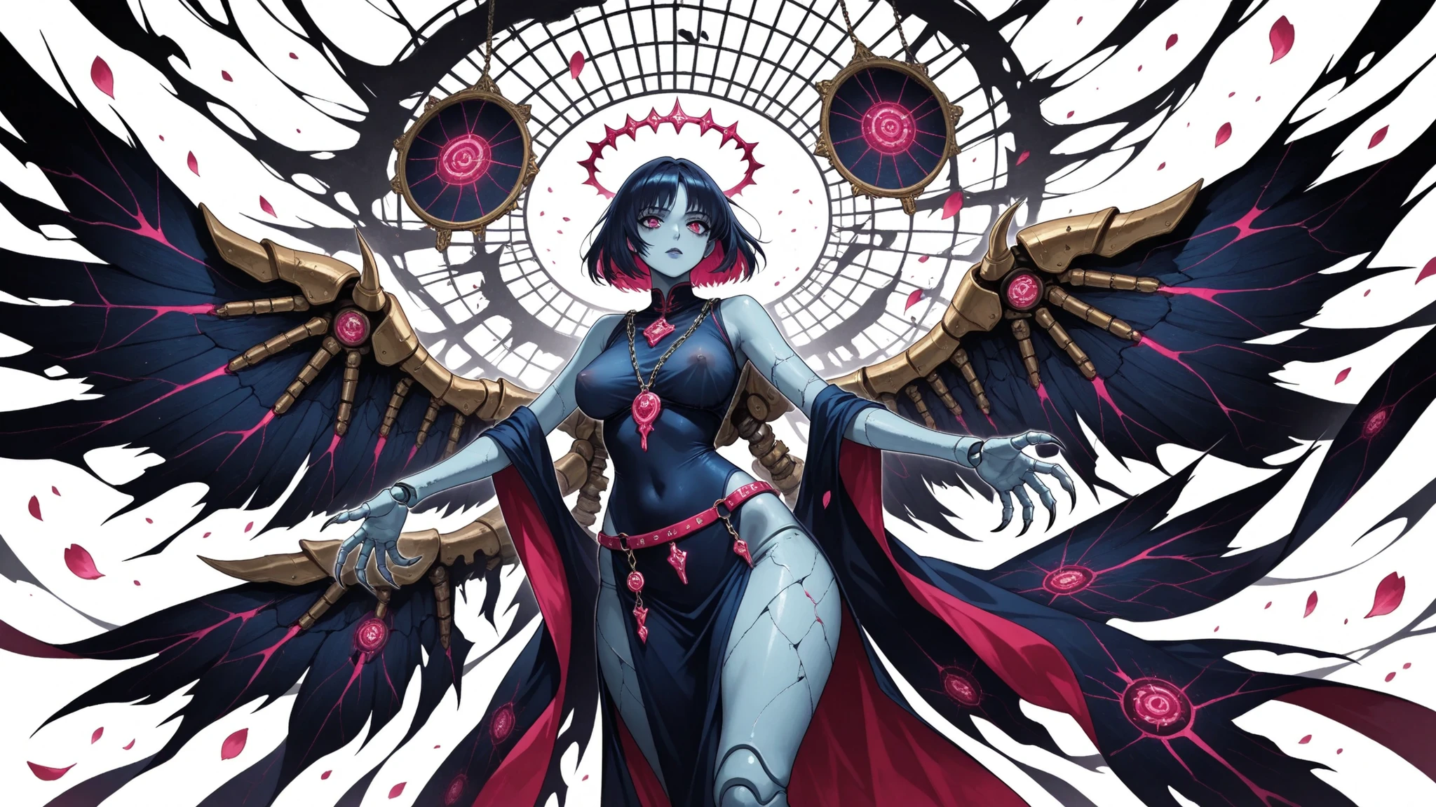 nsfw,nipples visible through clothes,( masterpiece, the best quality:1.2), 1 Girl, alone, JOJO 风格的zombie girl在月下战斗的姿势广角镜头，Waste away to reveal waist and hip curves，Translucent amulet"Royal Order: phantom"Wrapped around jade legs，Mechanical spine reveals purple-red neon，Blue-gray skin cracks ooze cherry blossoms, phosphorescence，Mechanical spine emits purple-red neon，Gold-plated knuckles gently touch the traces of mother-of-pearl luster，Cobalt blue satin belt with broken chains and scattered musical notes，Sharp claws wrapped around indigo arcs and falling petals，Silk wrinkled outline，Moon white background with ink mist，celluloid thick black outline enhances  and waist curves using brush techniques，Vermilion rust, sand mist at joints，Titanium alloy armor, cold moon halo，Phoenix eyes have the texture of broken glass，Floating seal body"Yansha"Fluorescent Rune, Traditional Chinese ink painting style illustration, zombie girl