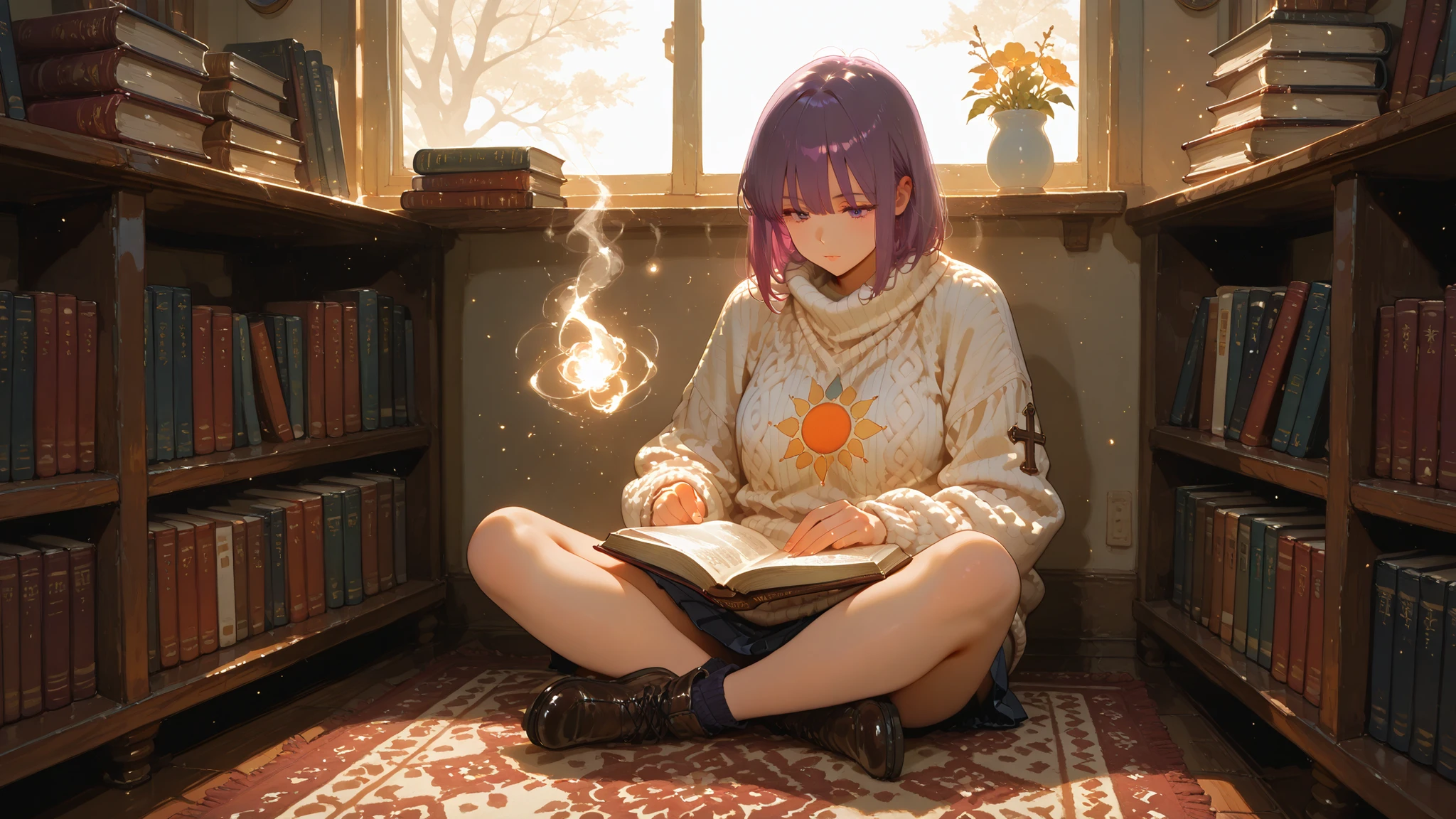 (masterpiece, 1980's anime illustration:1.1), sweet girl with long purple hair wearing oversized knit sweater, sitting cross-legged on floor of bookshop, open book in lap, reading intently, surrounded by stacks of old books, afternoon sun streaming in through window, illuminating floating dust in air, creating a cozy atmosphere, detailed old bindings on books, patterned rug on hardwood floor, retro anime style, warm lighting