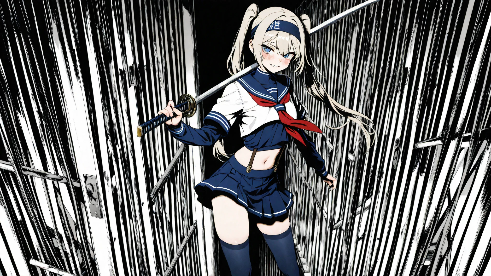 (masterpiece, best quality:1.2),illustration,8k,hd,1girl,solo,upper body,(portrait:1.2),9a-91 (girls frontline),blue eyes,blue dress,covered navel,red beret,blush,puffy short sleeves,see-through,layered sleeves,black panties,red scarf,thighhighs,pouches,black long sleeves,sideboob,gloves,hair between eyes,low ponytail,sidelocks,silver hair,very long hair, <lora:add_detail:0.5>, urban graffiti, vibrant street art, creative expression, colorful, <lora:yamashita_toshinari_FW:1> ,   <lora:(gf)9A-91:0.8>, looking back,