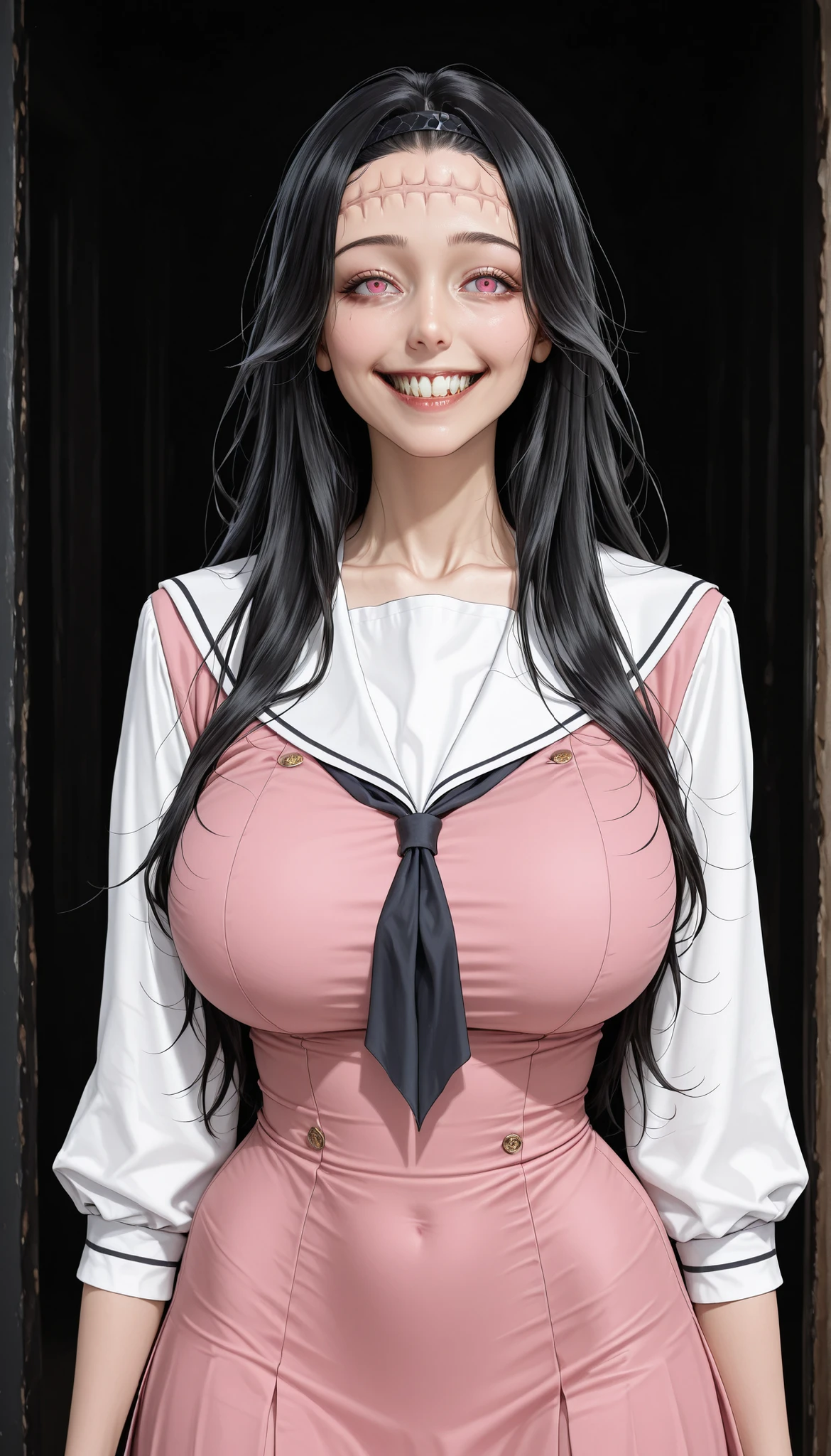 Forehead stitches, waguri kaoruko, black hairband, black hairband, school uniform, pink dress, white sailor collar, white shirt, serafuku, petite anime girl, black hair, long hair, wearing a refined, huge breasts, wide curvy hips, 1girl, solo, Hype4realistic, Realistic, Ultra-Realistic, looking at the viewer, half body, eyes wide open, scary face, yandere smiling, teeth, dark background, Horror environment