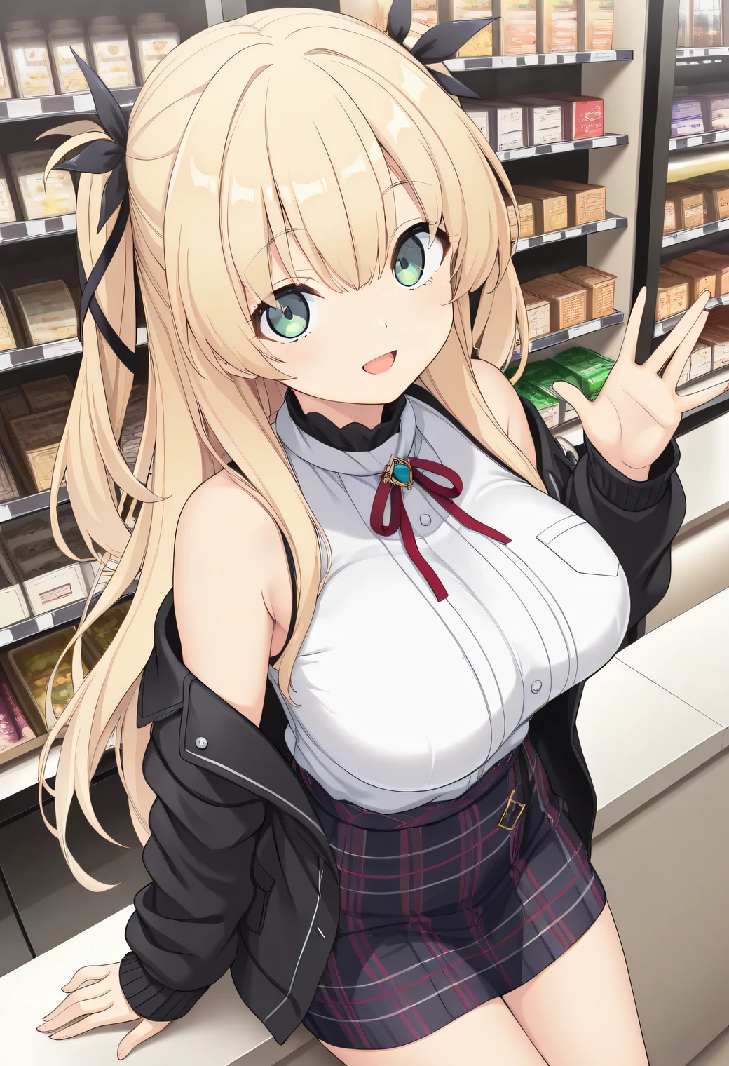 masterpiece, best quality, highres, scenery, newest, 1girl, official style, ren, blonde hair, green eyes, two side up, hair_ribbon, white shirt, plaid skirt, black jackets, five fingers, looking at viewer, smile, open mouth, on wall, store, fully shoulders, bit big breasts,