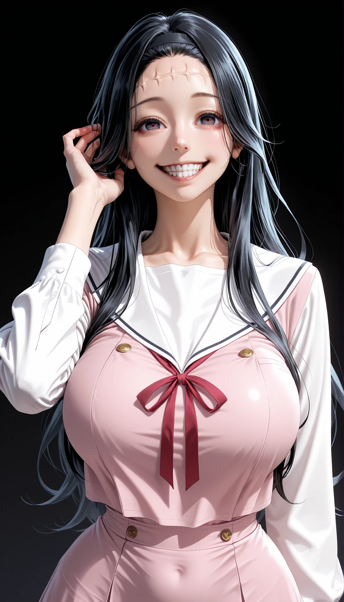 Forehead stitches, waguri kaoruko, black hairband, black hairband, school uniform, pink dress, white sailor collar, white shirt, serafuku, petite anime girl, black hair, long hair, wearing a refined, huge breasts, wide curvy hips, 1girl, solo, Hype4realistic, Realistic, Ultra-Realistic, looking at the viewer, half body, eyes wide open, scary face, yandere smiling, teeth, dark background, Horror environment