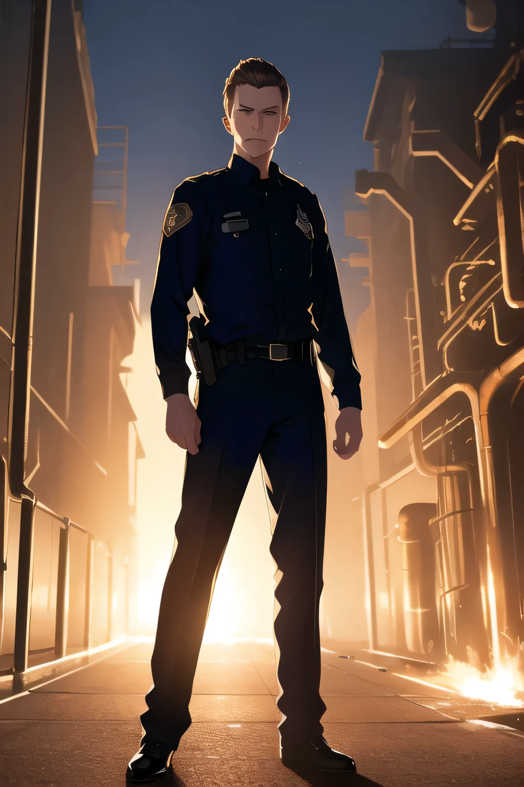 my hair is standing up,An expression in alert mode，draw an increasingly delicate expression，draw a man with an alert expression looking around him {x} can you draw a man in an American police costume {x} Can you draw a police officer on alert exploring the vicinity of a blast furnace at night，アメリカ合衆国の警官の衣装を着た    maleを描いていただけますか、navy blue uniform，and my hair stands on end,ruthless gaze ，32 year old police officer,周囲を観察する警戒態勢の表情の    maleを描いてください,use cinematic lighting and ray tracing  ，オールバックでand my hair stands on end黒い髪,    male,   male,,use cinematic lighting and ray tracing ,standing full body,please draw a more delicate expression,can you draw details of human arms and legs，please draw a more delicate expression，can you draw details of human arms and legs accurately {X} Face comes first，reality，