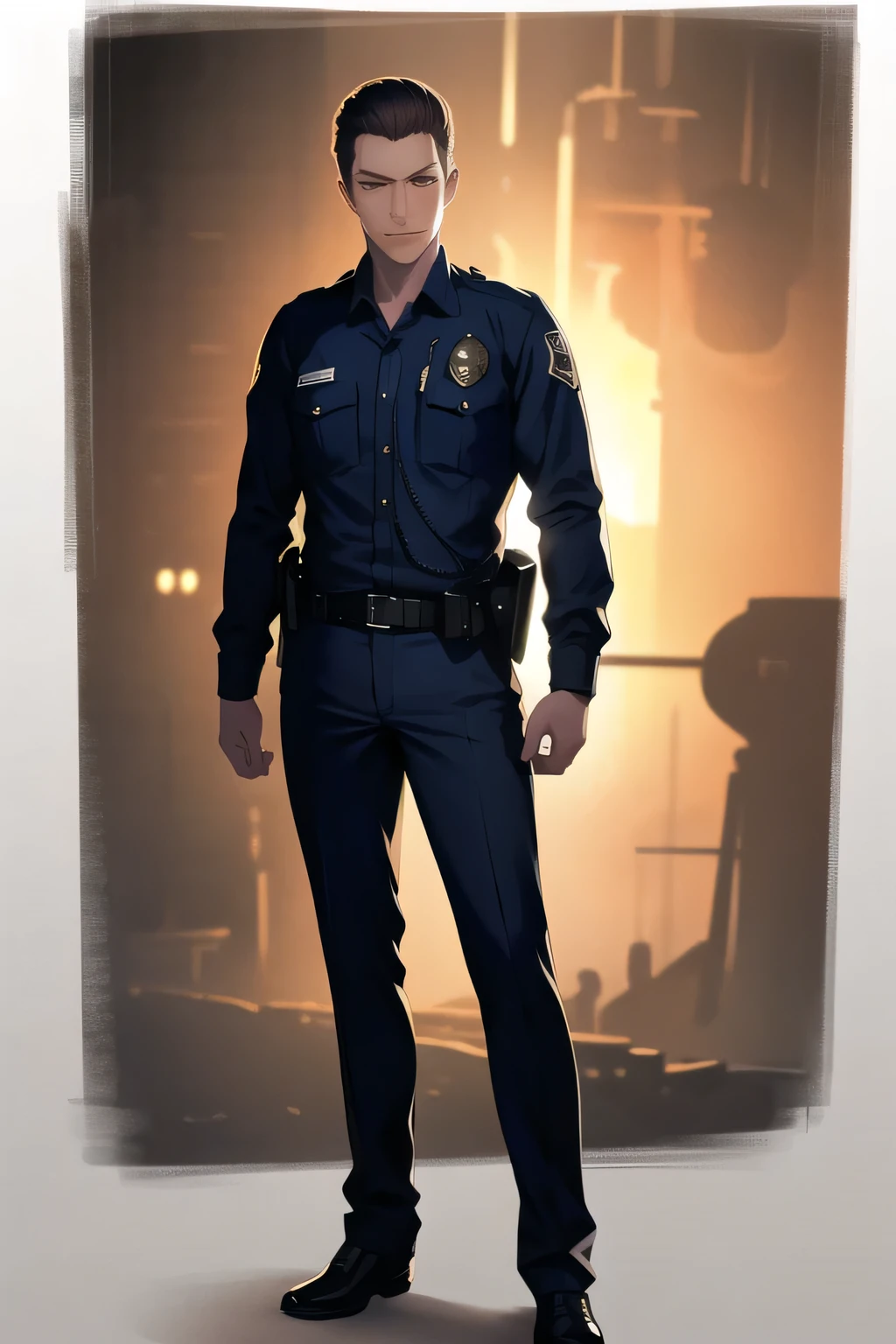 my hair is standing up,An expression in alert mode，draw an increasingly delicate expression，draw a man with an alert expression looking around him {x} can you draw a man in an American police costume {x} Can you draw a police officer on alert exploring the vicinity of a blast furnace at night，アメリカ合衆国の警官の衣装を着た    maleを描いていただけますか、navy blue uniform，and my hair stands on end,ruthless gaze ，32 year old police officer,周囲を観察する警戒態勢の表情の    maleを描いてください,use cinematic lighting and ray tracing  ，オールバックでand my hair stands on end黒い髪,    male,   male,,use cinematic lighting and ray tracing ,standing full body,please draw a more delicate expression,can you draw details of human arms and legs，please draw a more delicate expression，can you draw details of human arms and legs accurately {X} Face comes first，reality，