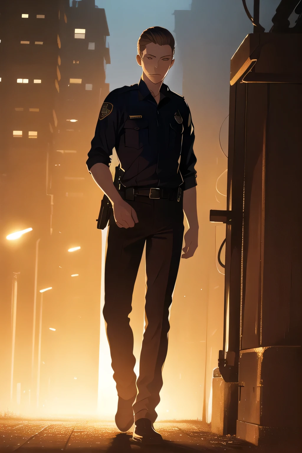 can you draw menacing expressions more delicately，Can you draw details of human arms and legs, please， the hair stands upside down ,An eXpression in alert mode，draw an increasingly delicate eXpression，draw a man with an alert eXpression looking around him {X} can you draw a man in an American police costume {X} Can you draw a police officer on alert eXploring the vicinity of a blast furnace at night，アメリカ合衆国の警官の衣装を着た     maleを描いていただけますか、navy blue uniform，and my hair stands on end,ruthless gaze ，32-year-old cop,周囲を観察する警戒態勢の表情の     maleを描いてください,use cinematic lighting and ray tracing  ，オールバックでand my hair stands on end黒い髪,     male,    male,,use cinematic lighting and ray tracing ,standing full body,please draw a more delicate eXpression,can you draw details of human arms and legs，please draw a more delicate eXpression，can you draw details of human arms and legs accurately {X} Face comes first，reality，