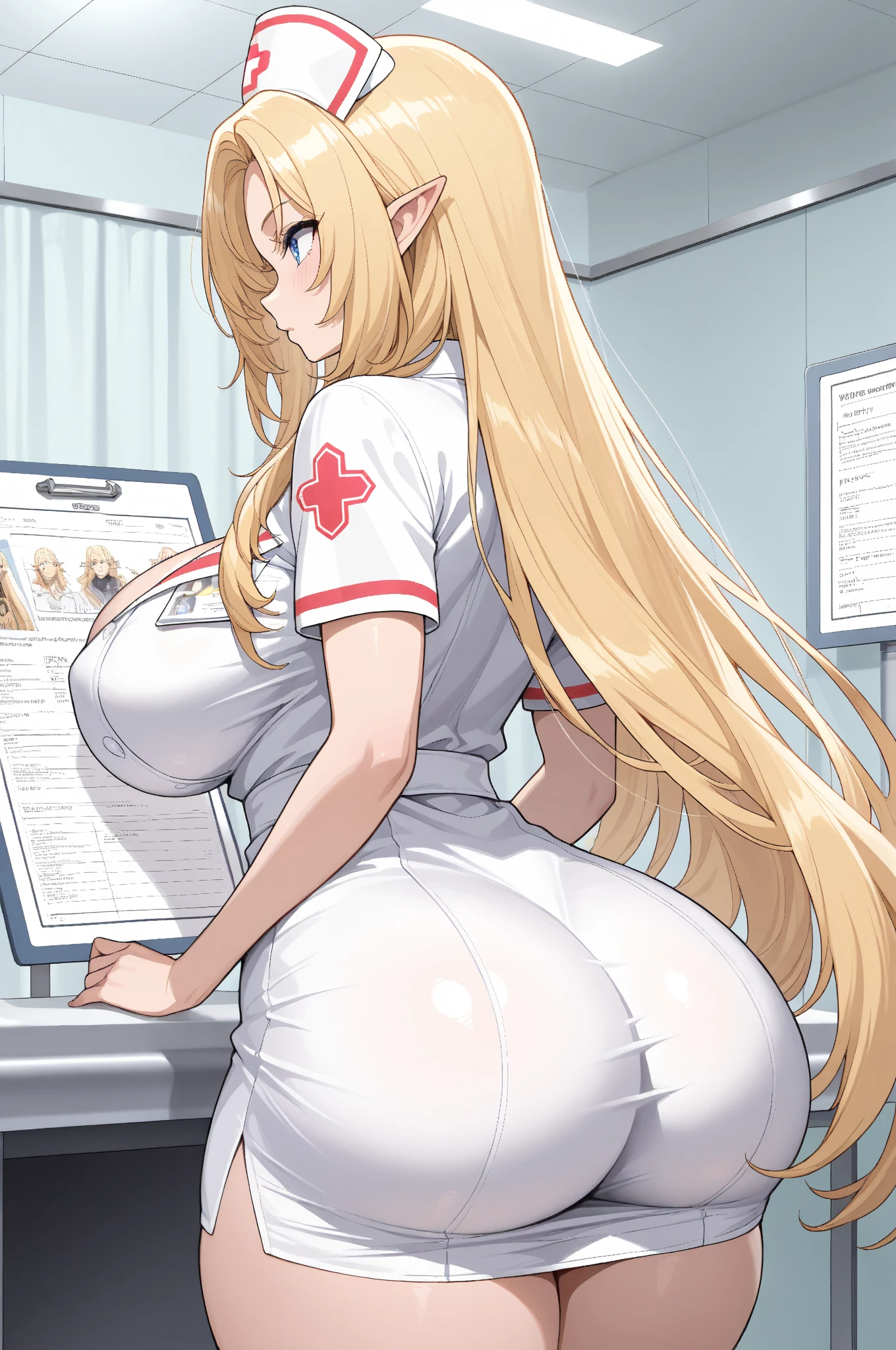 1 girl, 19 years old, large breasts, triple D cup breasts, round buttocks, bubbly buttocks, wide hips, bubbly ass, nurse, nurse cap, White nurse uniform, ((white legwear, zettai ryouiki)), white gloves, twin tails, yellow hair, purple eyes, anger, crossed arms, Are standing, ((hospital room)), sharp outline, short sleeve, highest quality, masterpiece