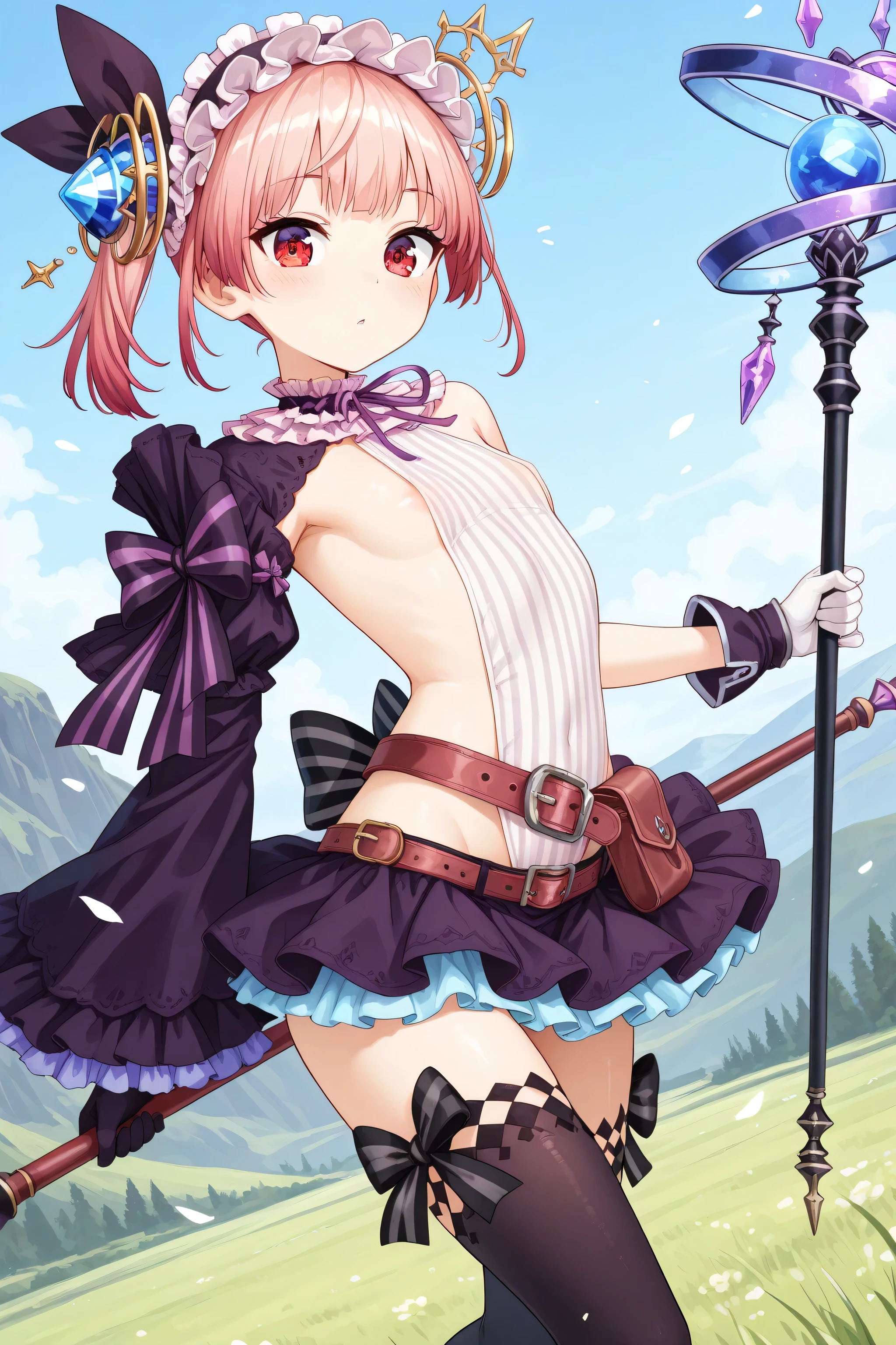 nsfw,anime,masterpiece,best quality,highres, highly dramatic picture, beautiful eyes, cinematic lens effect, ultra cute,cowboyshot,1 girl,atlydie, pink hair, short hair, one side up, side ponytail, red eyes,alyddef, gem hair ornament, frilled hairband, hair ribbon, frilled collar, purple ribbon, vertical-striped shirt, sideless outfit, puffy short sleeves, single detached sleeve, sleeve bow, striped bow, black bow, frilled sleeves, mismatched gloves, belt, belt pouch, hip vial, layered skirt, purple skirt, black skirt, blue skirt, black thighhighs, leg ribbon,def_staff, holding staff,sideboob,flat chest,areola slip,lowleg skirt