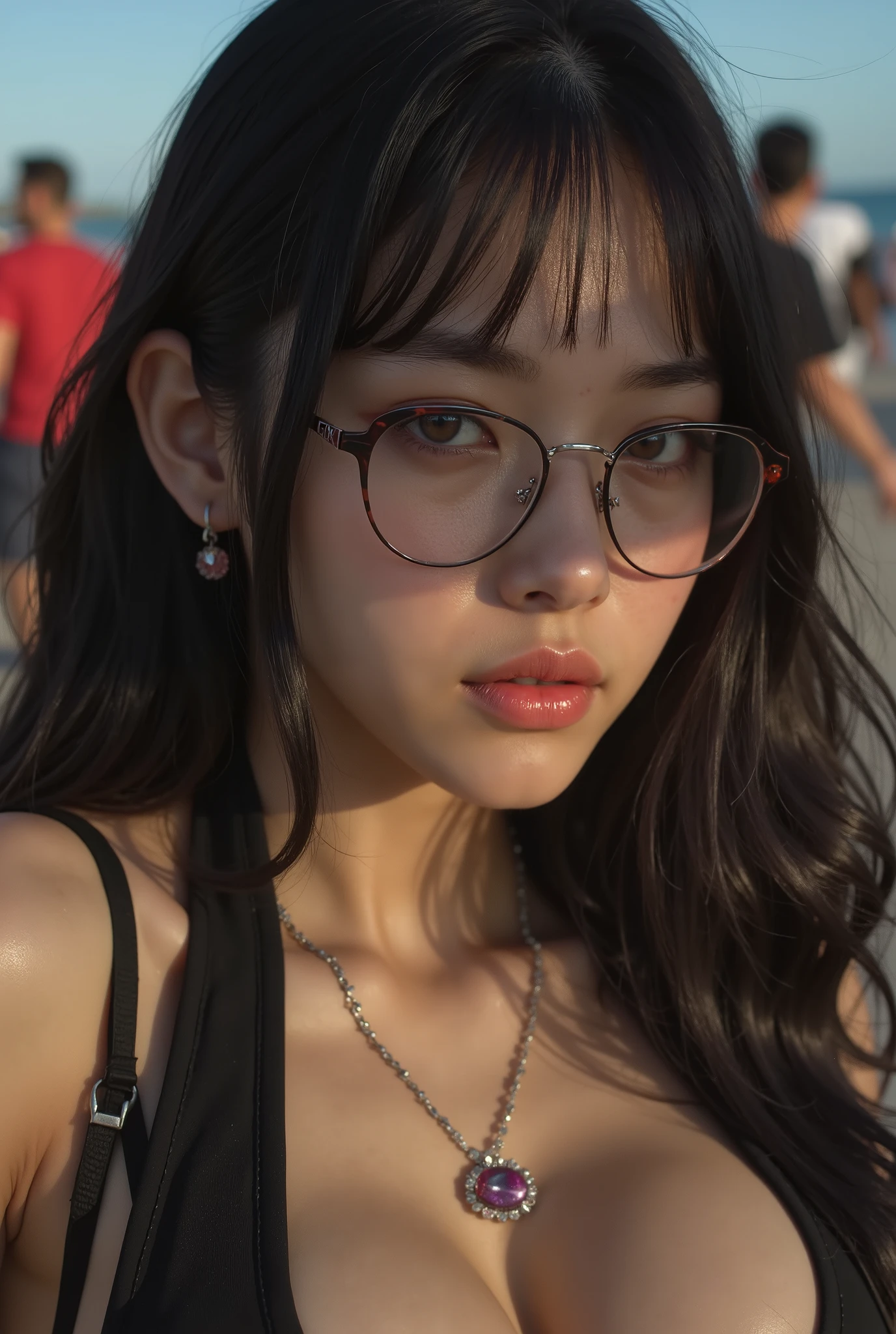 (8ก, highest quality: 1.3), ((((Glasses)))), (Fatal Beauty,A charming villain,witch) ,(A supple and powerful physique),(Sensual charm),(Mysterious charm:1.1),(Captivating silhouette),(highest quality,High resolution:1.2),(dark,Threatening:1.1),Very detailed, Complete Solution, (Realistic, Realistic photo: 1.37), Portraiture, High resolution RAW color photograph, Professionally arrested, High resolution and beautiful, High resolution, 8ก Image Wallpaper, Amazing details, Large file size, Urban,Very detailed,masterpiece,Intricate details,Faded,Very detailed, Eye on the details,Intricate details,Dark and spooky atmosphere, spiritual being, Unforgettably beautiful, Ghostly figures, Shadow-like shape, Spooky whispers, Ominous Aura, Very detailedな美しい女の子, cute K-POP girl、( The Face of Korea )、((((glasses、best Shot, cute、 Red Eyes、 Evil Ruby's Cursed Necklace )))),(Ideal body type:1.8), Very detailed faceexpressive lips, (Very beautiful、Crisp big eyes:1.5), Fine skin texture., All features are shown in detail., The outline of the fingers is beautifully drawn..., The nose is precisely shaped., expressive lips, Perfect , (Detailed Beach,crowd, background, background is not blurred:1.6),One Story, 20th generation, cute、Realistic、(Front view:1.4),(Face Focus:1.3),Perfect breasts,Round Breasts,(Flat Chest:1.5),(Show Viewer:1.5), Perfect Ass, cute face, Sexy Face, Sexy Body,( Very lean body:1.6),Sexy pose, blush, Attractive body, Young people, Very curly hair, length, Purple Curly Hair, very big hair, Very curly hair, Hair removal, ,((((Glasses))))、((((big sapphire necklace))))、hair accessory, Earrings, meanwhile, necklace, bracelet, stockings, (Sculptural installation:1.5), (Ultra detailed bondage:1.4),Browsing Caution, (Open your mouth:1.3),{(Heterosexual,Loose bikini:1.5),