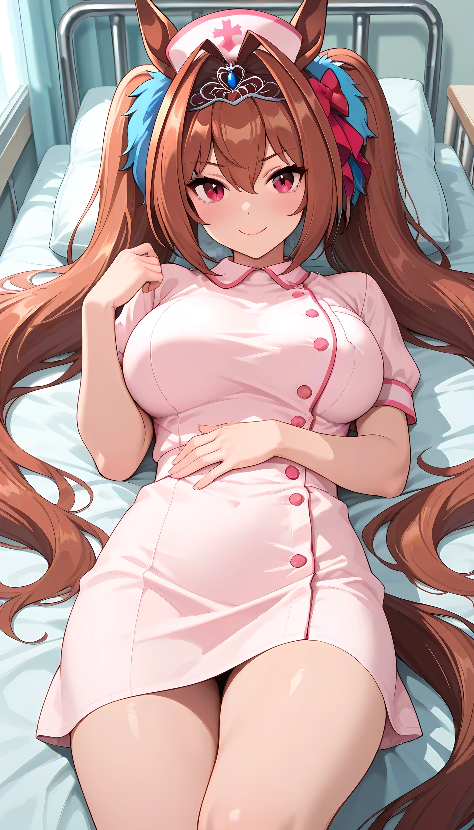 ((top quality, masterpiece, high res)), one girl, Daiwa Scarlet\(umamusume\), nurse, nurse, Hospital room, horse tail, 5 fingers, Smile, lying on the bed