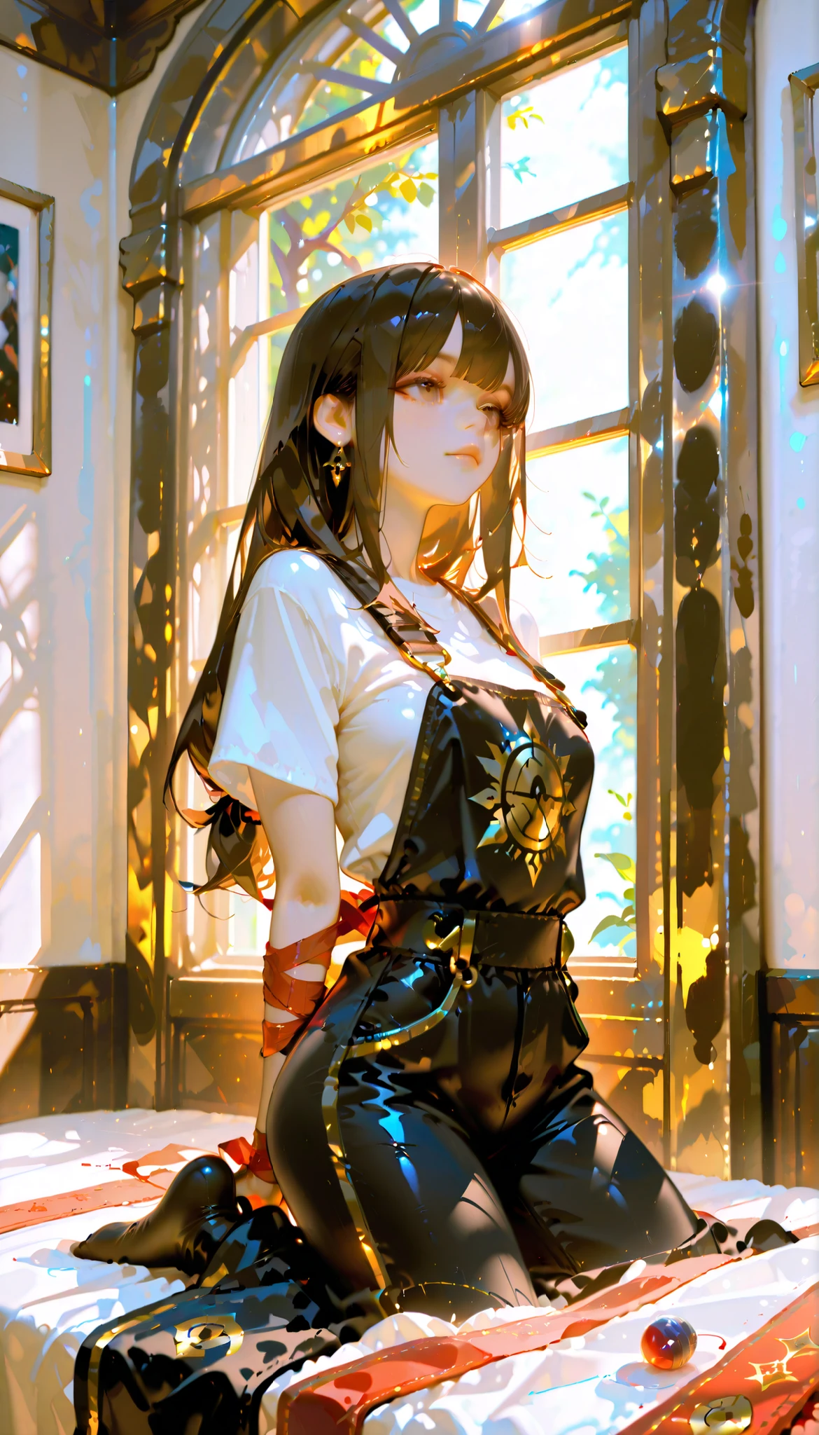 ((RAW Photo), Absurds, (Absurd Resolution)), ((Hyperrealism, Photorealistic)), (beautiful girl, 21 years old), (brown eyes), (long hair tied up, bangs, black with gold trim), (outfit: work overalls, tight t-shirt), (hardworking, arrogant), ((she is a seamstress, sewing a huge button on a giant piece of fabric)), (background: large window, sun rays coming through the window), (View: Photographic Perspective). «SunPuma S»