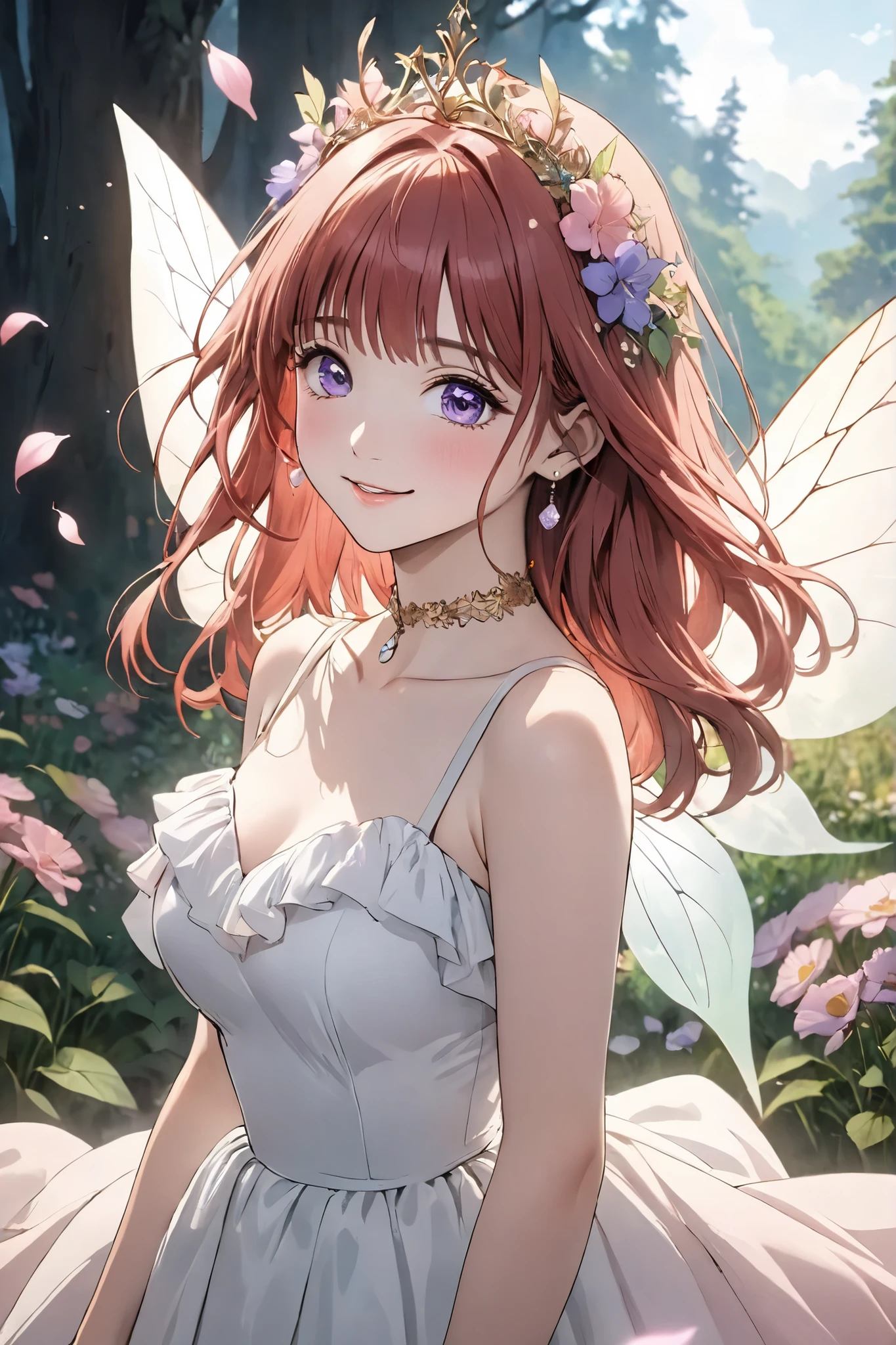 ( Highest Quality, masterpiece, Super Detailed, Crimson hair's highly detailed, exquisite, 16k,Full HD), come a little closer ,The golden ratio,dramatic lighting, pastel color,sounds fun, flying through the air, soft lighting , ((Alone:1.5)), Blue Sky, clear, Magical Forest ,Flower,wood,field of flowers,leaves and Flower petals dance,abovementioned,((Upper Body Pictures)), flowers fill the screen ,(Fairy Princess, purple eyes, have long eyelashes, white skin, Slim, pale pink plump lips ,Light Pink Cheeks, the wind is blowing, blonde Alone,Thin and long,(Thin and high nose,small nose),(giant fairy wings slightly above the waist),The magic of Flower,Flower tiara, diamond earrings ,DIAMOND CHOKER,Flower petal-inspired Flower-adorned white ball gown dress, lace and ruffles in sm's room,(smile:1.2), (Nikon Z7 II mirrorless camera, romantic atmosphere ),