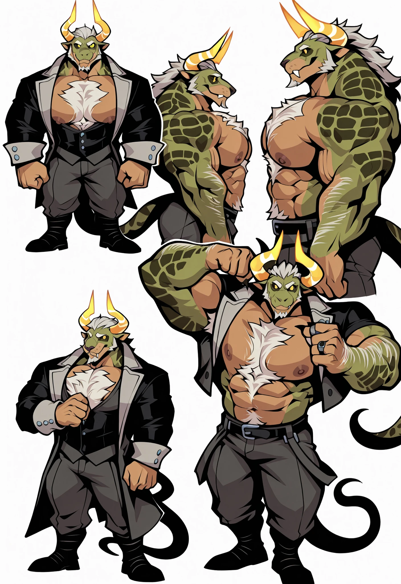 Experienced furry character reference sheet adoptable for Douglass Highcastle, masterpiece , modern day alternate universe, no background, full body, multiple views , best quality , masterpiece , masculine , character sheet , dungeon & dragons , visual novel , featured on Pinterest, dynamic.
Douglass Highcastle is a chimera with the body of an anthro lion man and a cobra as his tail, he's a massive beast who wears yakuza clothing. He's in charge of the military's drone cyborg doberman project. Exquisite lion man face. Masterpiece, best quality, amazing quality, null-ghost, visual novel, detailed face, has a set of detailed tattooed horns on top of his head, huge muscular body, perfect , masterpiece, high quality, best quality, hairy, Thick Muscle ,nipples, gray mane and hair , wears lots of expensive stone rings on his fingers, chest hair , green cobra snake tail, glowing yellow eyes, muscular, broad shoulders, thick thighs, big pecs, full body, facial hair, sexy, no defects, no watermarks, perfect eyes, 5 fingers, perfect hands. perfect eyes, perfect hands. Amazing Details, polished highly detailed face, no defects, no watermarks, perfect eyes. muscular.