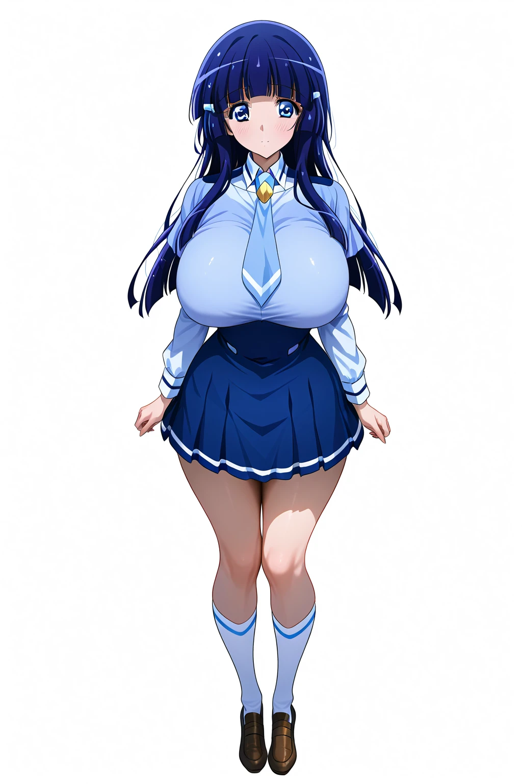 (white background、Standing picture、front)、Super detailed illustrations、Super precise expression、masterpiece、highest quality、ultra High resolution、High resolution、Support your chest with your arms、(big breasts、Sweat、body fluid、shiny skin:1.4)、(black hair、long hair、Braid、Glasses、Patsun bangs)、(troubled face:1.5)、Standing picture、(sailor suit, navy blue mini skirt,knee socks)、(loafers:1.2), (Mamifi)、