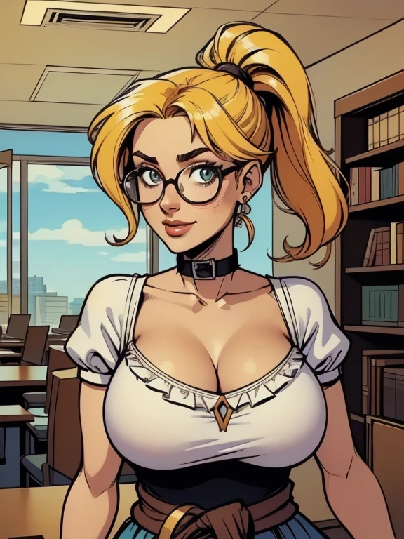 Thin woman, 4K (High definition), giggling, teacher with a black vest over a white v-neck button-down shirt (with ruffles), black belt, saia branca longa with ruffles, Caucasian skin, round glasses, blonde hair with round ponytail, eyes browns, busty. comic style, white background.