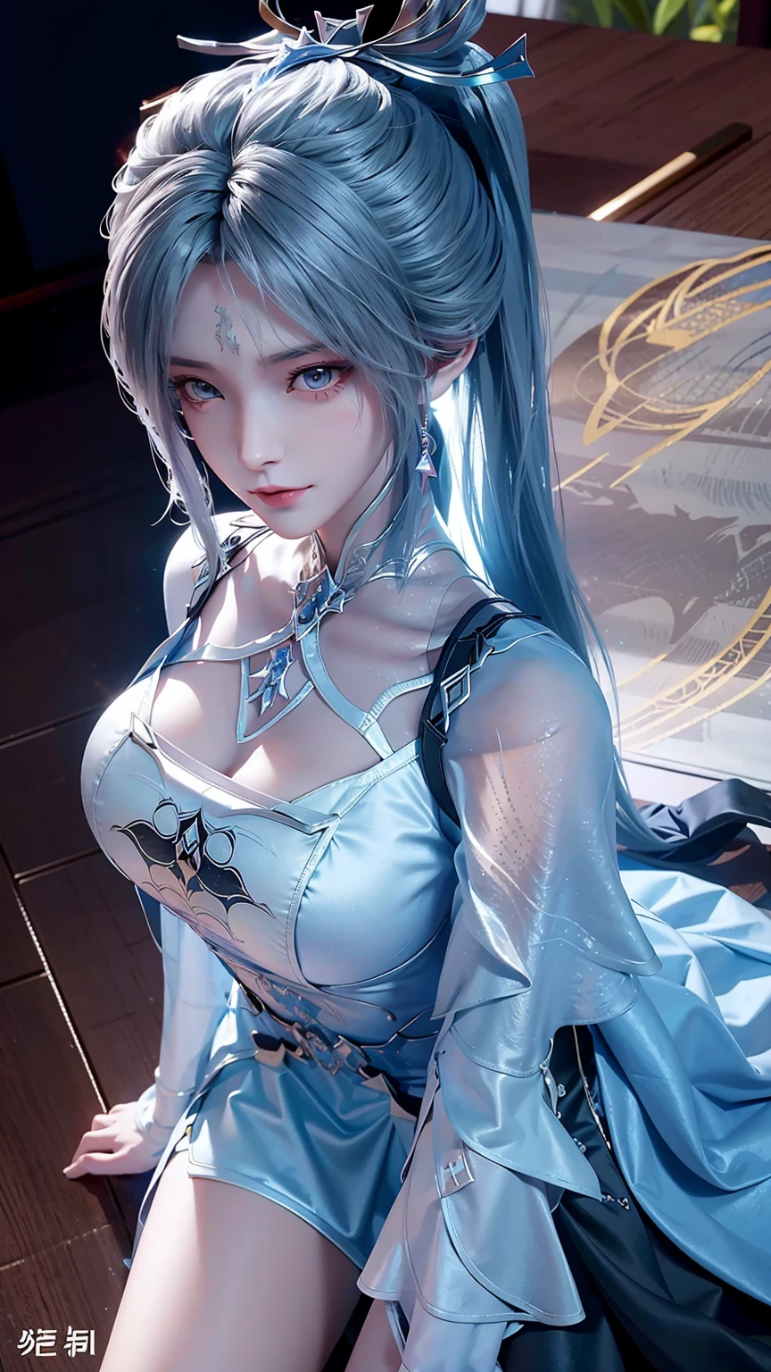 (surreal), (illustration), (High resolution), (8k), (Very detailed), (Best illustration), (beautiful and delicate eyes), (best quality), (super detailed), (masterpiece), (wallpaper), (lifelike), (Natural light), (edge lighting), (Detailed face), (Highly detailed lifelike skin texture), (anatomically correct), (alone), (1 girl), (Highly detailed lifelike hair), (blue hair:1.2), spiky hair, (heterochromatic eyes), (Delicate green eyes),, (realistic big breasts:1.5), (exposed breasts:1.3), (long legs), (Slim abs), (dynamic poses), (shut your mouth:1.3), (traditional hanfu),（The clothes were blown to both sides by the wind:1.3） (transparent clothes:1.5), National Science Foundation,exposing her breasts、show breasts，big breasts ，big breasts，The areola looms，