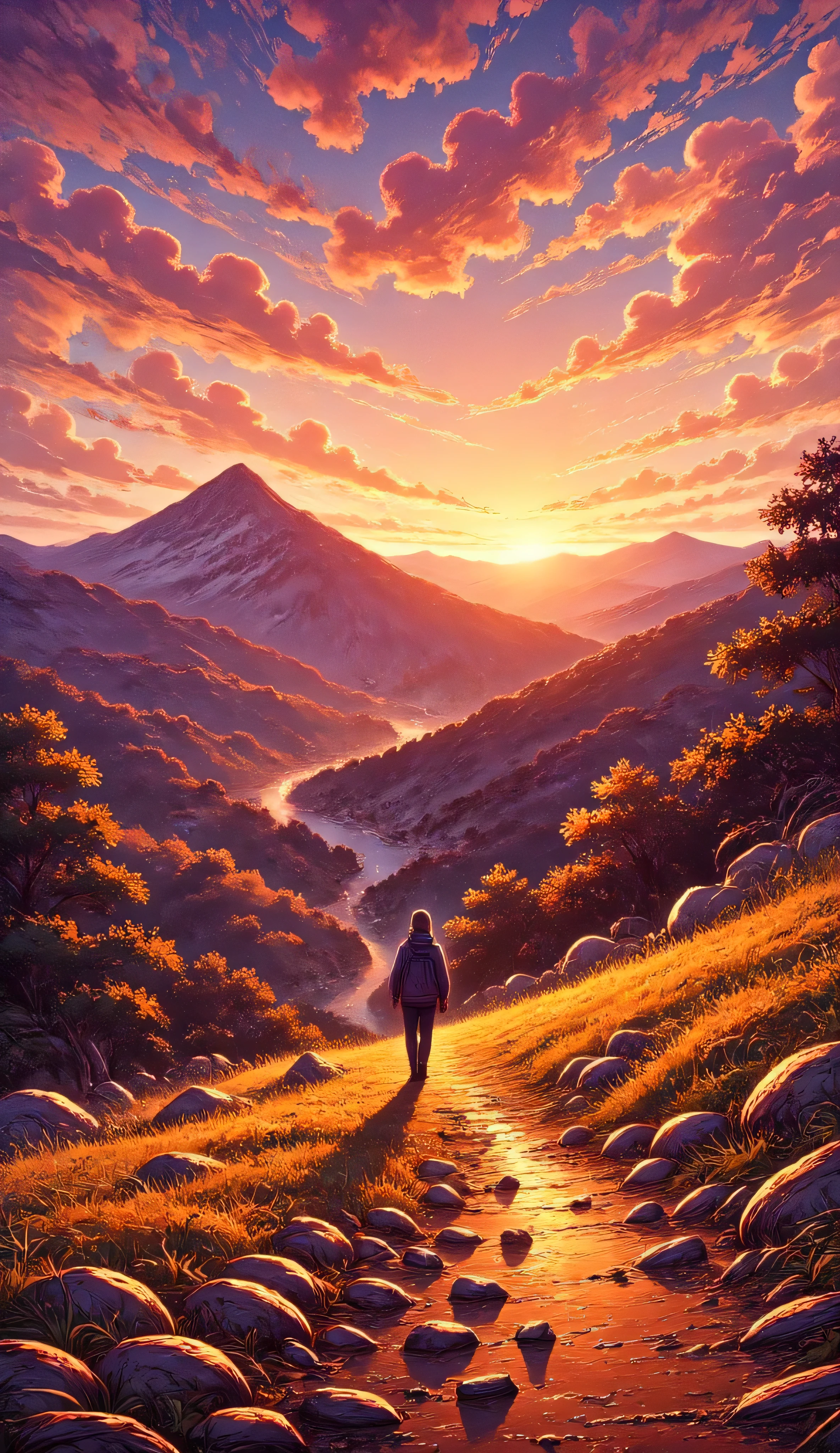 dusk, warm, golden hour light, incline path way, shining on a mountain trail, the valley partially covered in shadow, a person walking away from the dark shaded area toward the brightly lit peak, sun light at the mountain peak, bright sun, negative spaces, clean design, minimalist, long shot, Pinterest viral photography, orange purple and pink color pallet