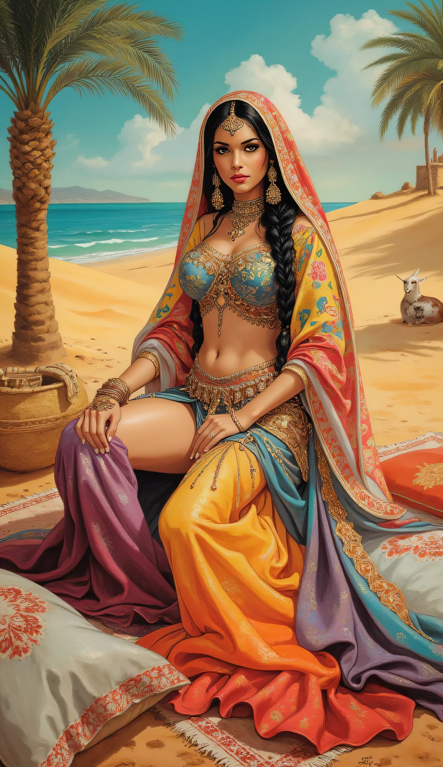 the proportions and detailed textures multicolored brushwork and softened with airbrush, a semi-realistic ink china illustration of a beauty exotic young arabian dancer (odalisques of raqs sharqi (full body) and shy pose, angelic face, innocent look (bright eyes), full lips, round and huge breasts, thick thighs, wide hips, thin and high waist, flat stomach, Super long braids, Super long braids, with a veil covering her head (cereste), a caftan abaya splashing rainbows (red, orange, purple) that lets her see her navel, with beautifully crafted and detailed jewelry shining and a Mehndi-like paint on her hands, legs and belly. In the background a paradisiacal Moroccan oasis, with golden sand dunes and turquoise sky, where she rests reclining among palm trees, rugs and cushions. very balanced saturation in the color palettes very defined (color with monochrome shading and shine tones of red 25% + yellow 25% + blue 25% + biofluorescent 12.5% + transparencias 12.5%. Aesthetic fusion by (Fibonacci ratio. A poupée realiste of a young Ariana Grande. female young girl she has a pink skin with beige-pale tones that give contrast and shine character type. Fluid texture of fine, thin fabric that molds to your figure (her clothes with relief and folds give volume and depth to the character) style. Sharp Highly Detailed Soft Focus, Approaching Perfection, Full HD 8K, High and Low Angles. of milo manara, Gianni Versace, Coco Chanel, Alberto Vargas, Greg Rutkowsk art style.