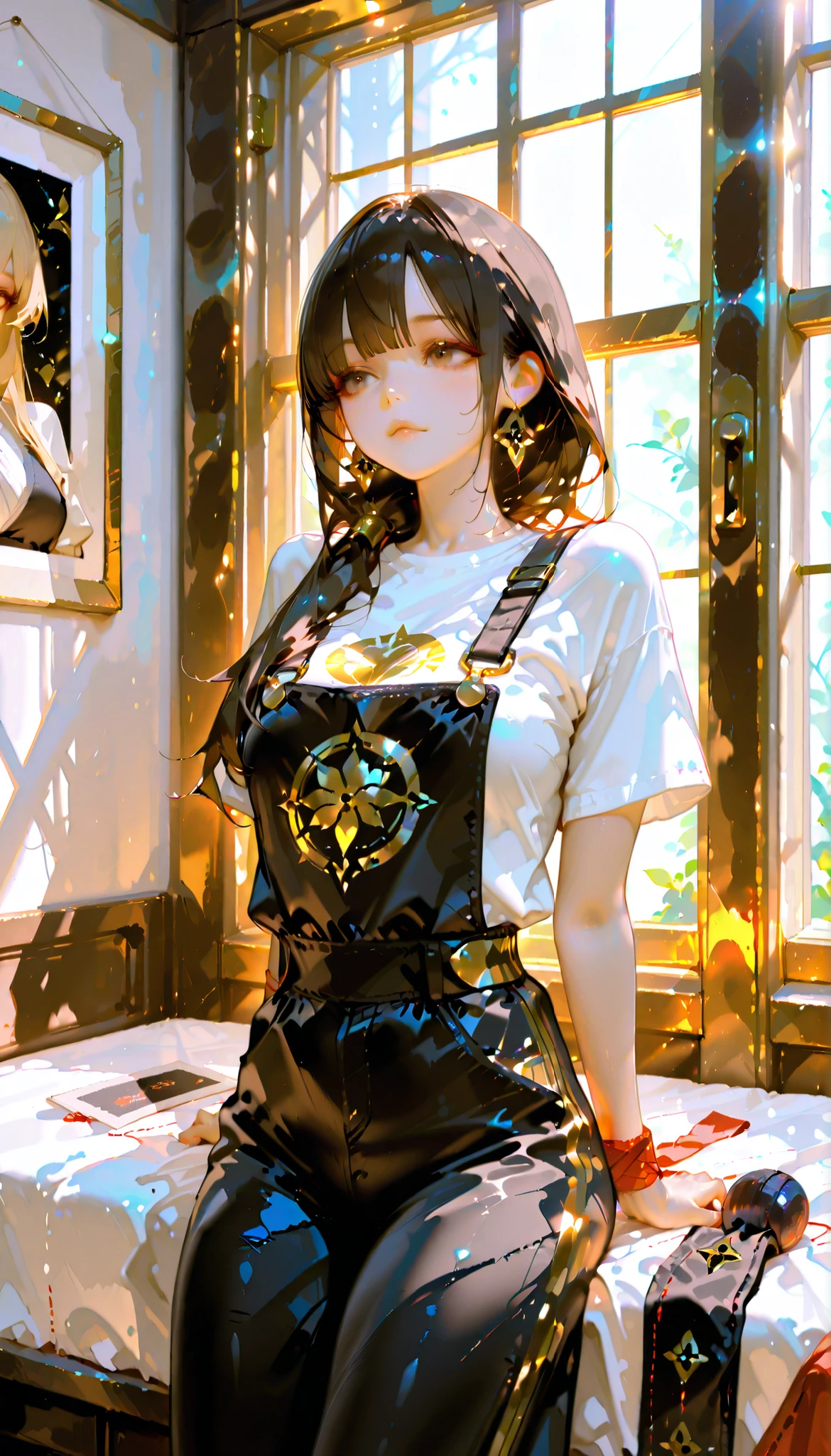 ((RAW Photo), Absurds, (Absurd Resolution)), ((Hyperrealism, Photorealistic)), (beautiful girl, 21 years old), (brown eyes), (long hair tied up, bangs, black with gold trim), (outfit: work overalls, tight t-shirt), (hardworking, arrogant), ((she is a seamstress, sewing a huge button on a giant piece of fabric)), (background: large window, sun rays coming through the window), (View: Photographic Perspective). «SunPuma S»