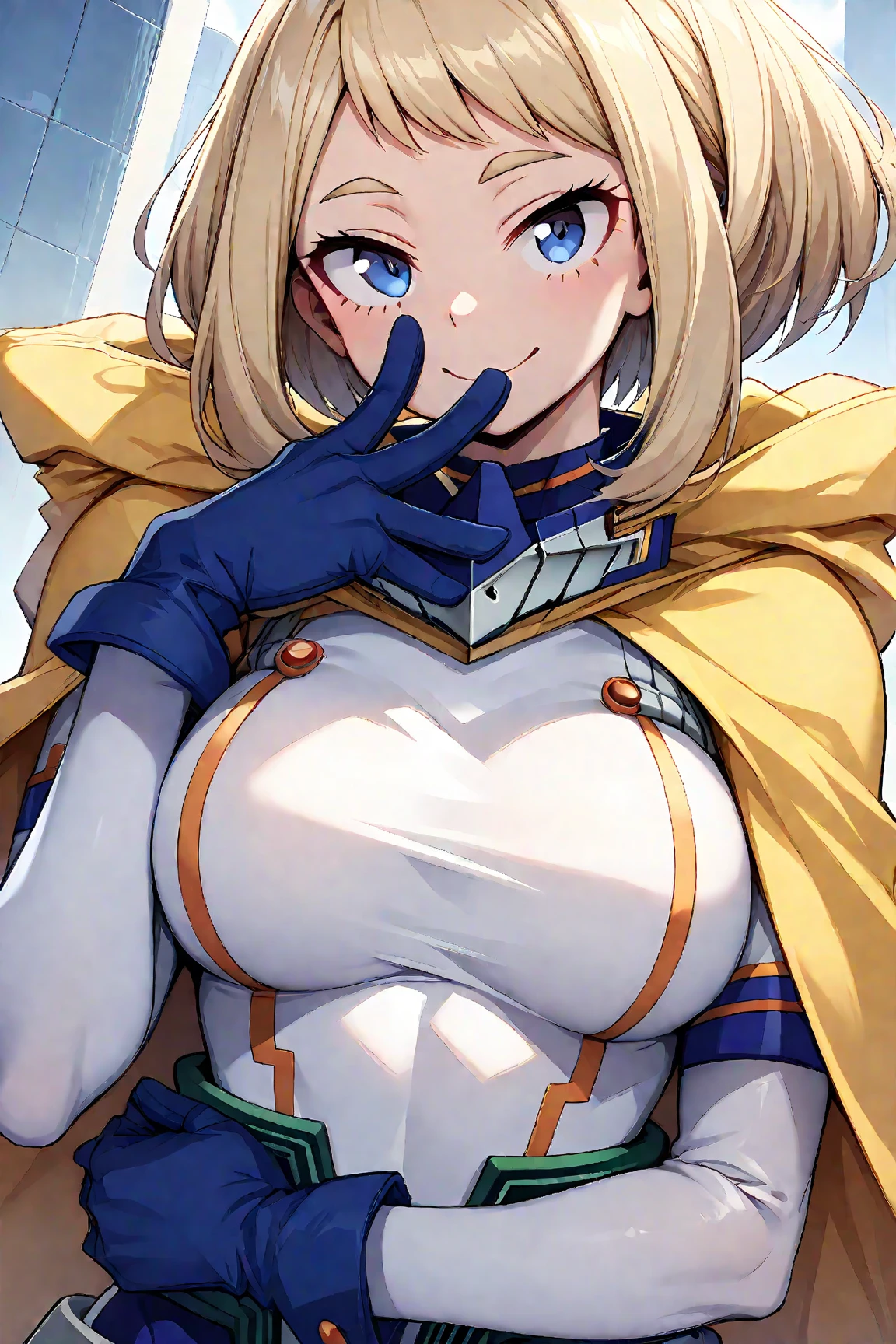 Anime, ((best quality)), ((masterpiece)), (detailed), 1girl, perfect face, happy face, smile, perfect hands, five finger, (Fallout: 1.8), (fallout vault costume: 1), portrait from the waist up, facing the camera, Crypt suit, perfect eyes, blue crypt suit, short blonde hair, slanted fringe, deep cleavage showing, giving thumbs up sign, suit unzipped to show off cleavage,
