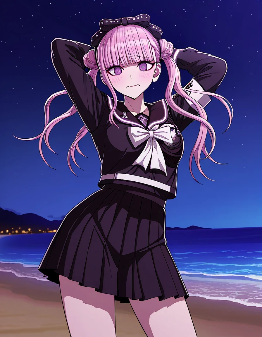 kako, pink hair, purple eyes, twintails, double bun, bow, blunt bangs, black serafuku, black skirt, armband, game screencap, high quality, closed mouth, solo, cowboy shot, night sky, beach, arms behind head, ((contrapposto)), looking at viewer, wavy mouth, shy, best quality,