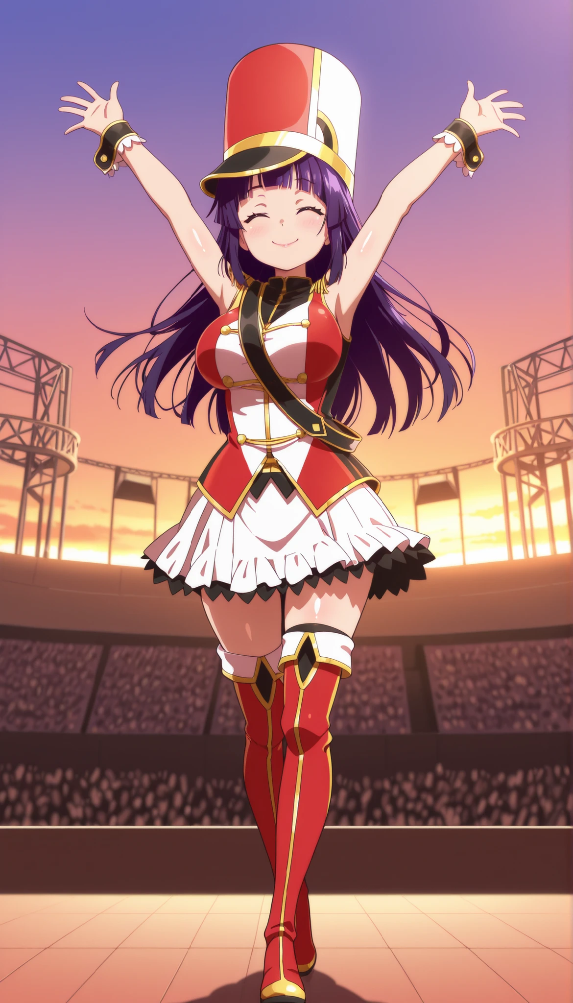 score_9, score_8_up, score_7_up, source_anime, solo, 1girl, looking at viewer, absurdres,highres,masterpiece,best quality,amazing quality, ultra detailed anime style, anime coloring, shiny skin, closed eyes,well-defined fingers, AoiIzumizawa, purple hair, long hair, bangs, blunt bangs, large breasts, kokorohhw, hhw skirt, hhw shako cap, hhw band uniform, hhw wrist cuffs, hhw thigh boots, rouge lips,smile,outdoor live stage, sunset sky ,audience ,raise up arms ,waving, full body