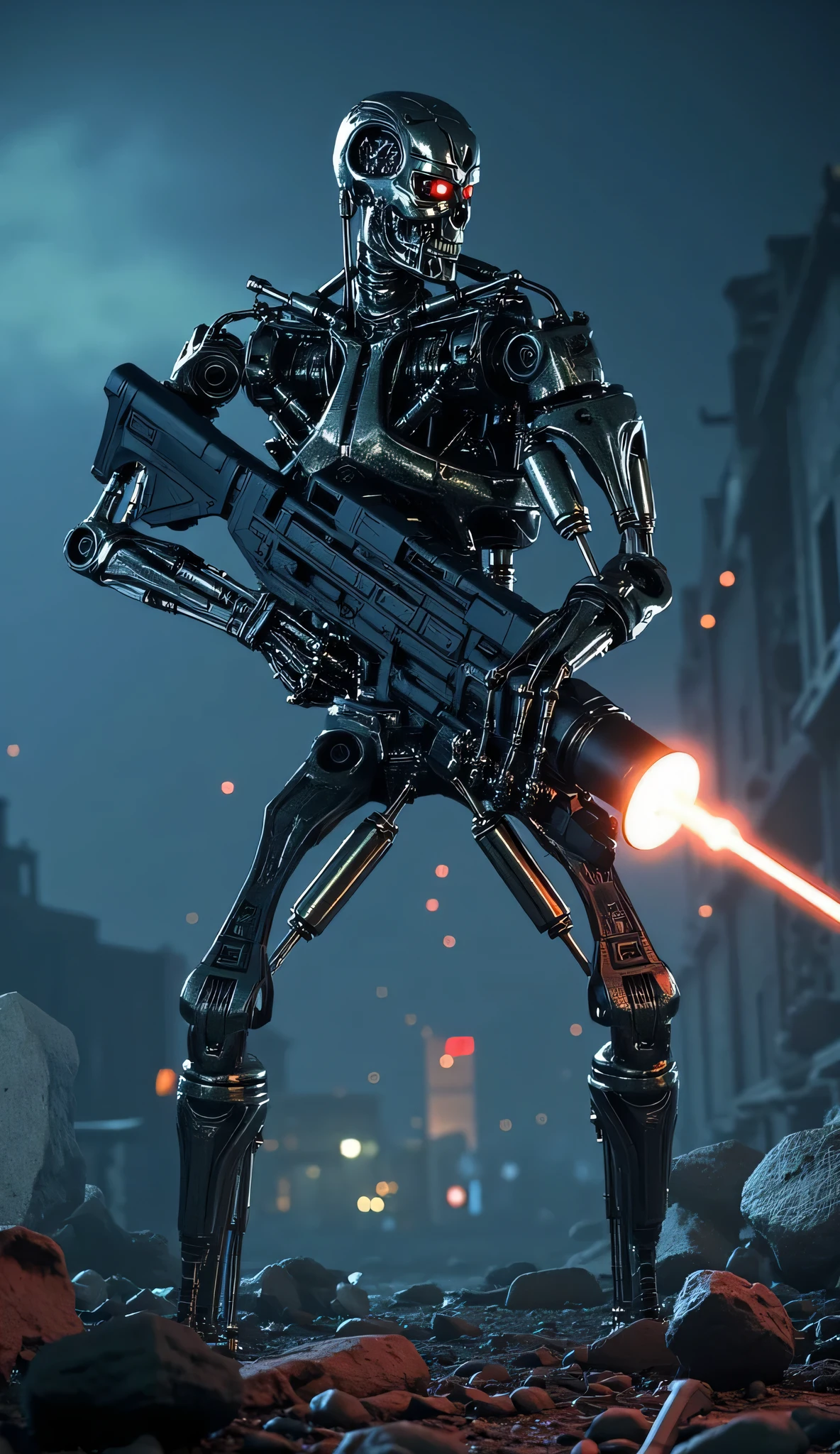 エンドスケルトンがプラズマライフルで制圧している,深夜の廃墟に立つエンドスケルトンを描けますか,瓦礫の上に立つ,暗闇を遠くから無数のライトで照らしている,