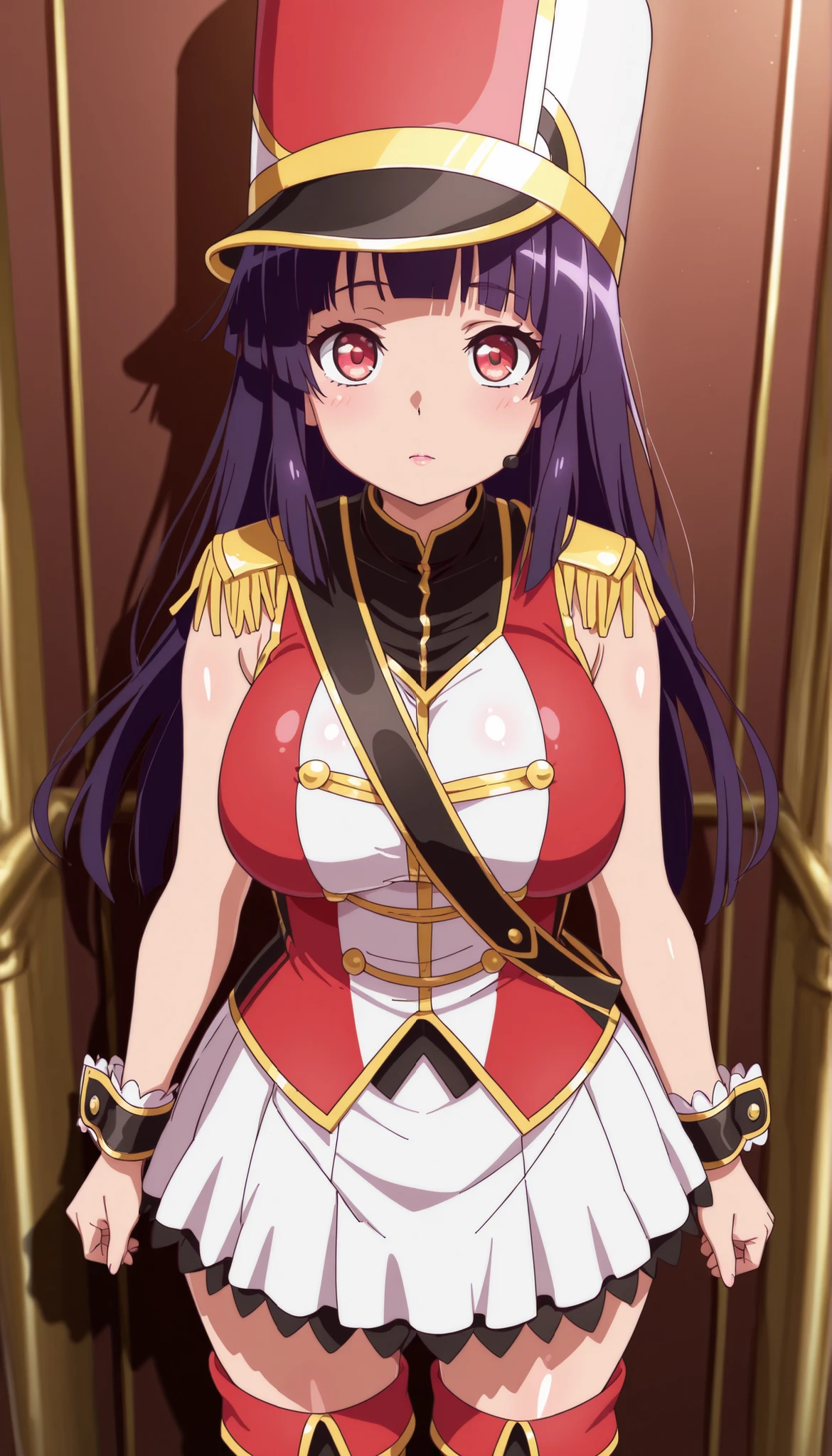 score_9, score_8_up, score_7_up, source_anime, solo, 1girl, looking at viewer, absurdres,highres,masterpiece,best quality,amazing quality, ultra detailed anime style, anime coloring, shiny skin, perfect eyes,well-defined fingers, AoiIzumizawa, purple hair, long hair, bangs, blunt bangs, large breasts, kokorohhw, hhw skirt, hhw shako cap, hhw band uniform, hhw wrist cuffs, hhw thigh boots, rouge lips,standing ,tired ,in back stage