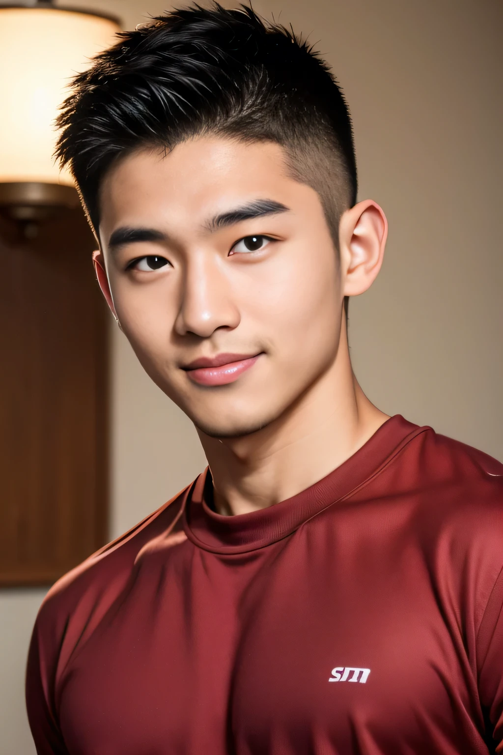 18-year-old male、Japanese、handsome guys、Macho、athlete、Smile Yan、plain burgundy colored clothes、Shaved head
