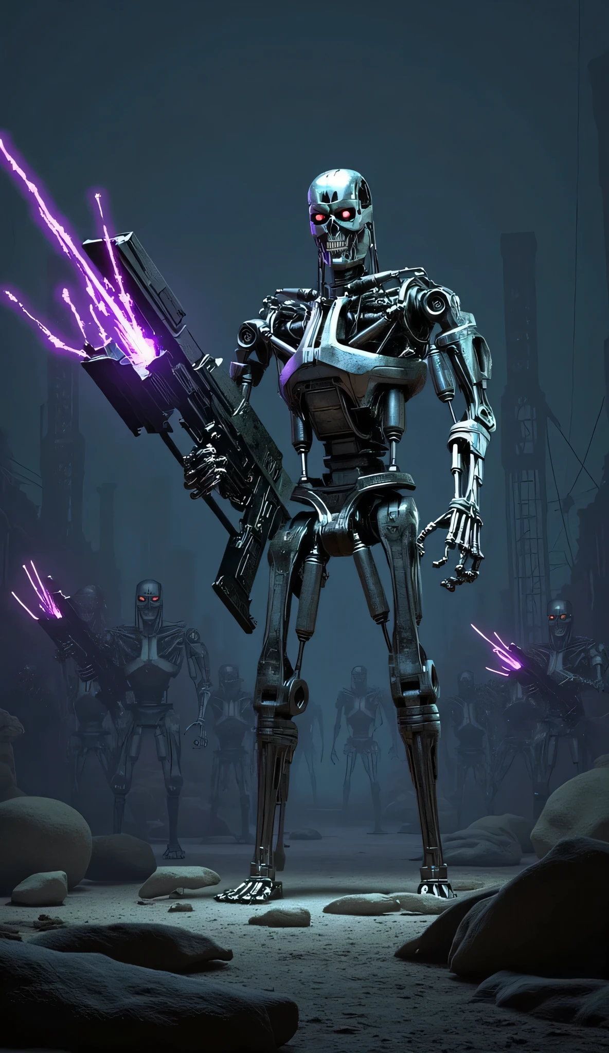 the endoskeleton is conquering with a plasma rifle {x} can you draw an endoskeleton in alert mode that recognizes you,There are countless endoskeletons behind it,can you draw an endoskeleton standing in the middle of the night,can you draw an endoskeleton standing in the ruins in the middle of the night,standing on the rubble,illuminating the darkness with countless lights,