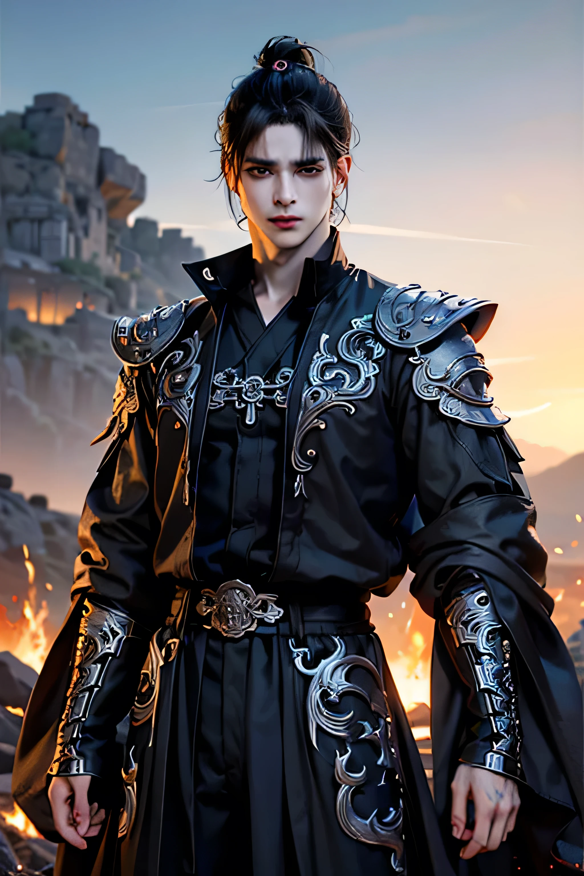 (((1 man 25 years old))), anime character with short messy hair, extremely messy black hair, handsome man in demon art, badass anime 8k, detailed digital anime art, human male demon, portrait of hades, fierce expression 4k, perfect eyes, perfect skin, demon male, extremely detailed artgerm, wearing black heavy metal jacket, black shirt, black pants, black robe, one hand in the pocket